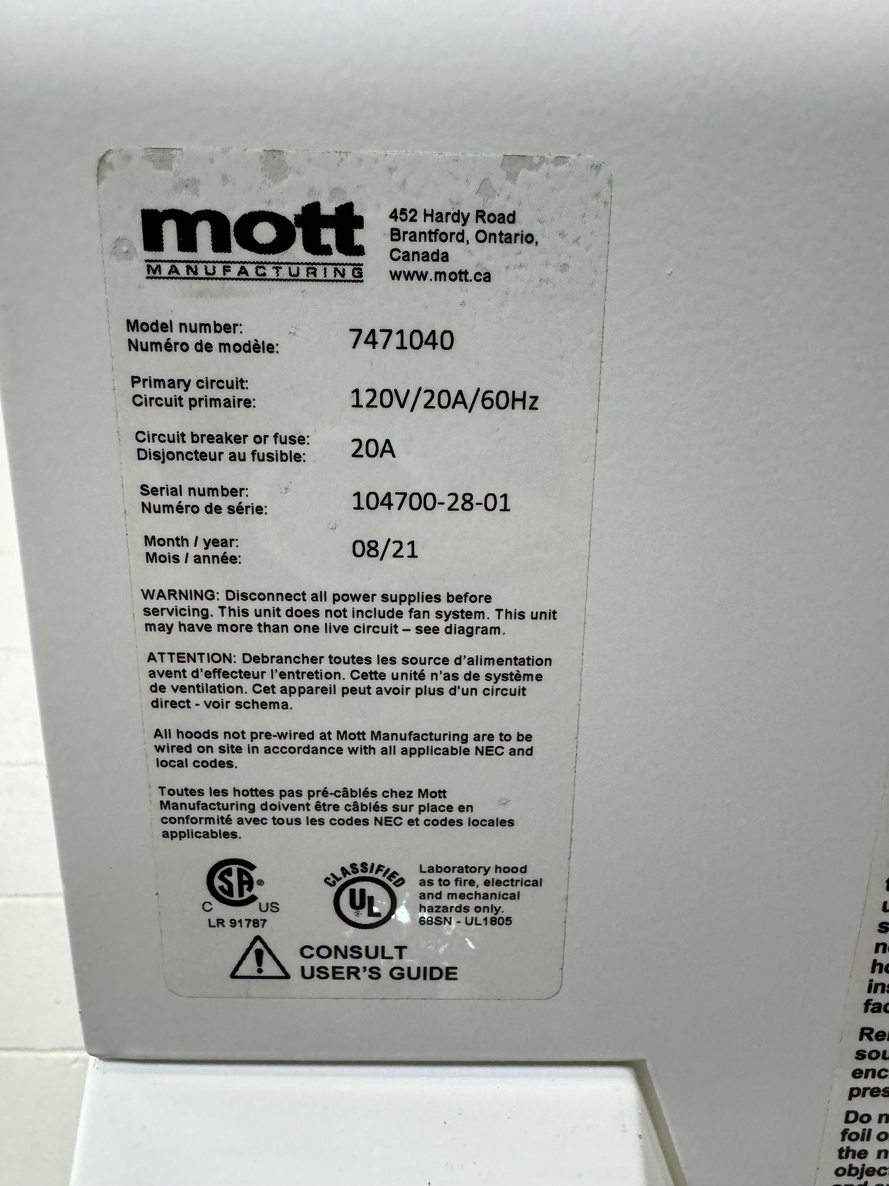 Mott 7471040 Fume Hood Vertical Sash 120V 60Hz SafeGuard Bench System