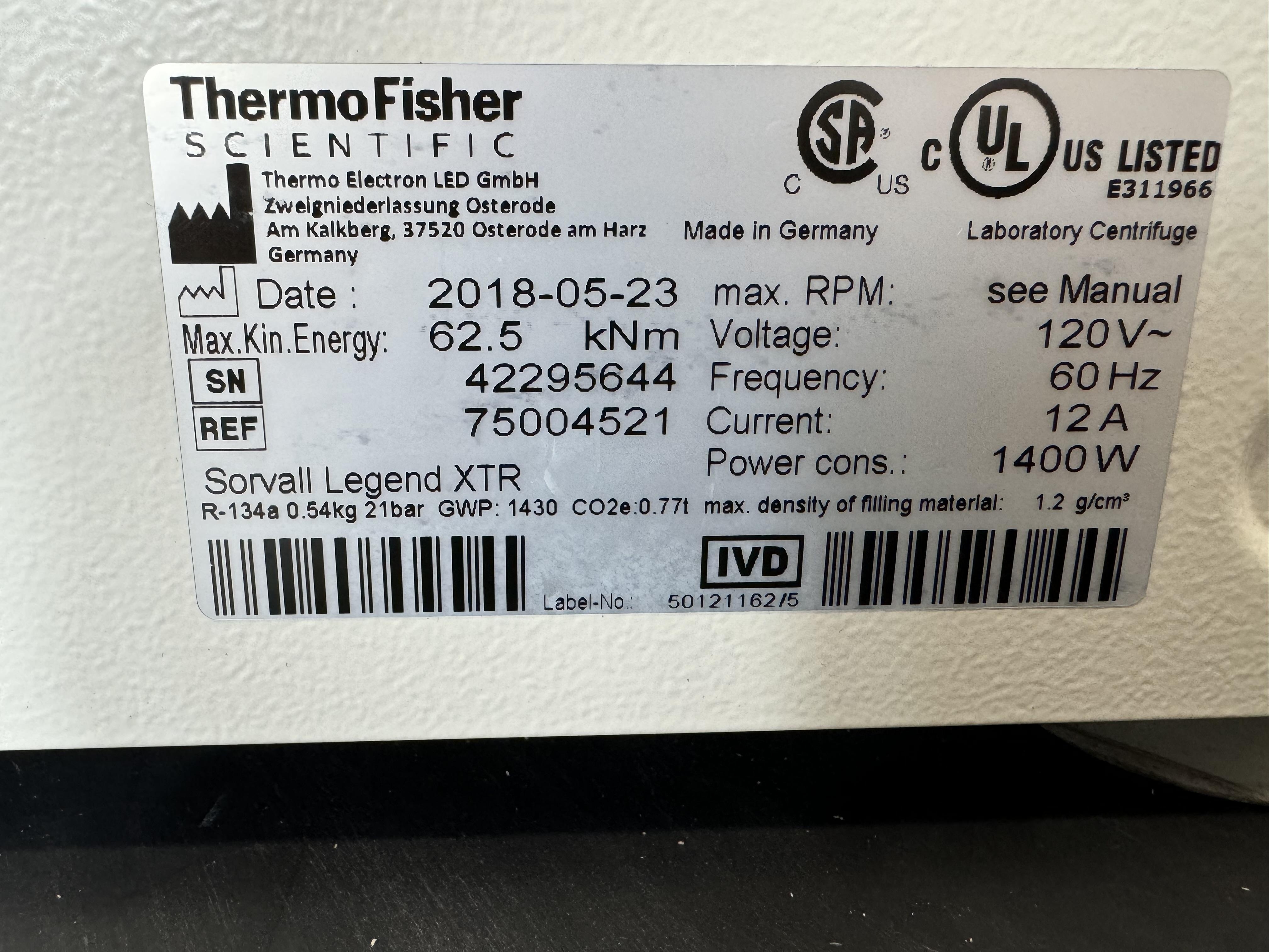 Legend XTR Sorvall Legend XTR Centrifuge 4x1000mL 15,200 RPM, Used