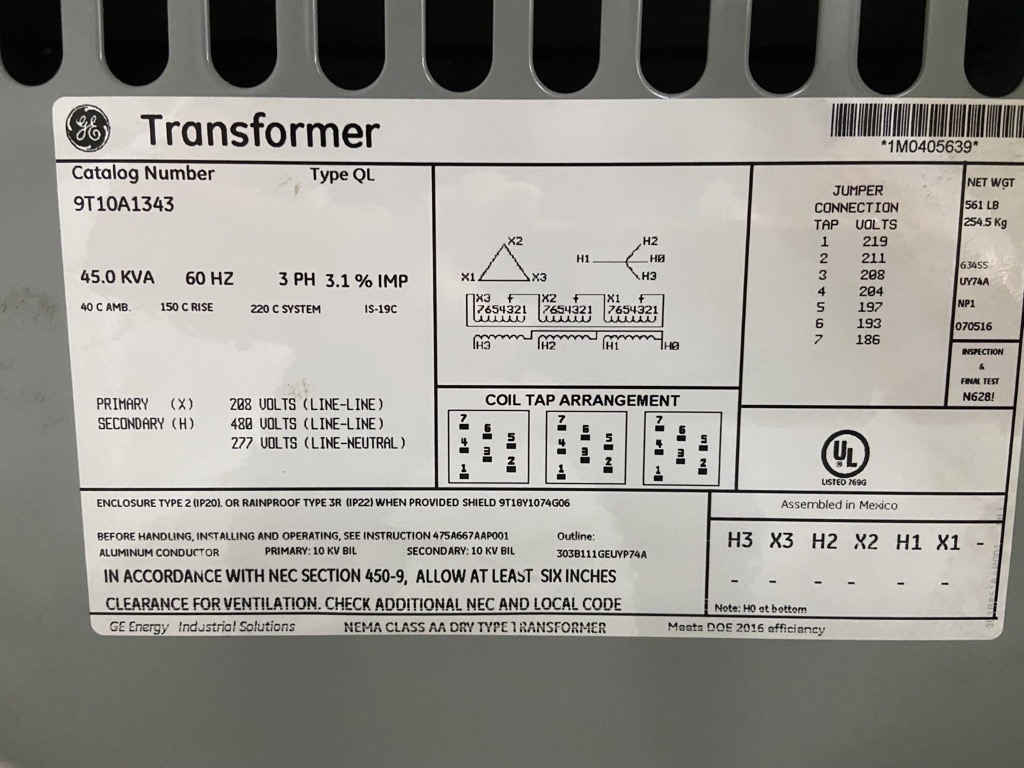 GE 9T10A1343 Transformer VG Condition Three-Phase 45kVA 208V 480Y/277V