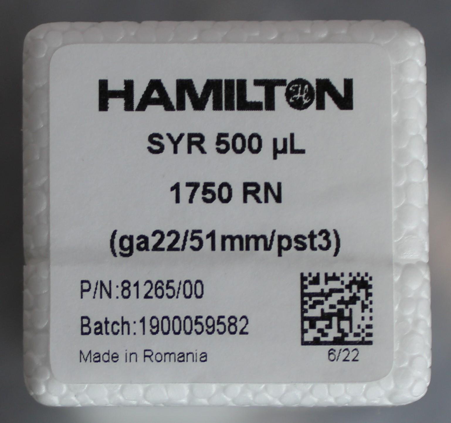 Hamilton 500uL Gastight Syringe 1750 RN 22G Sterilizable New Romania