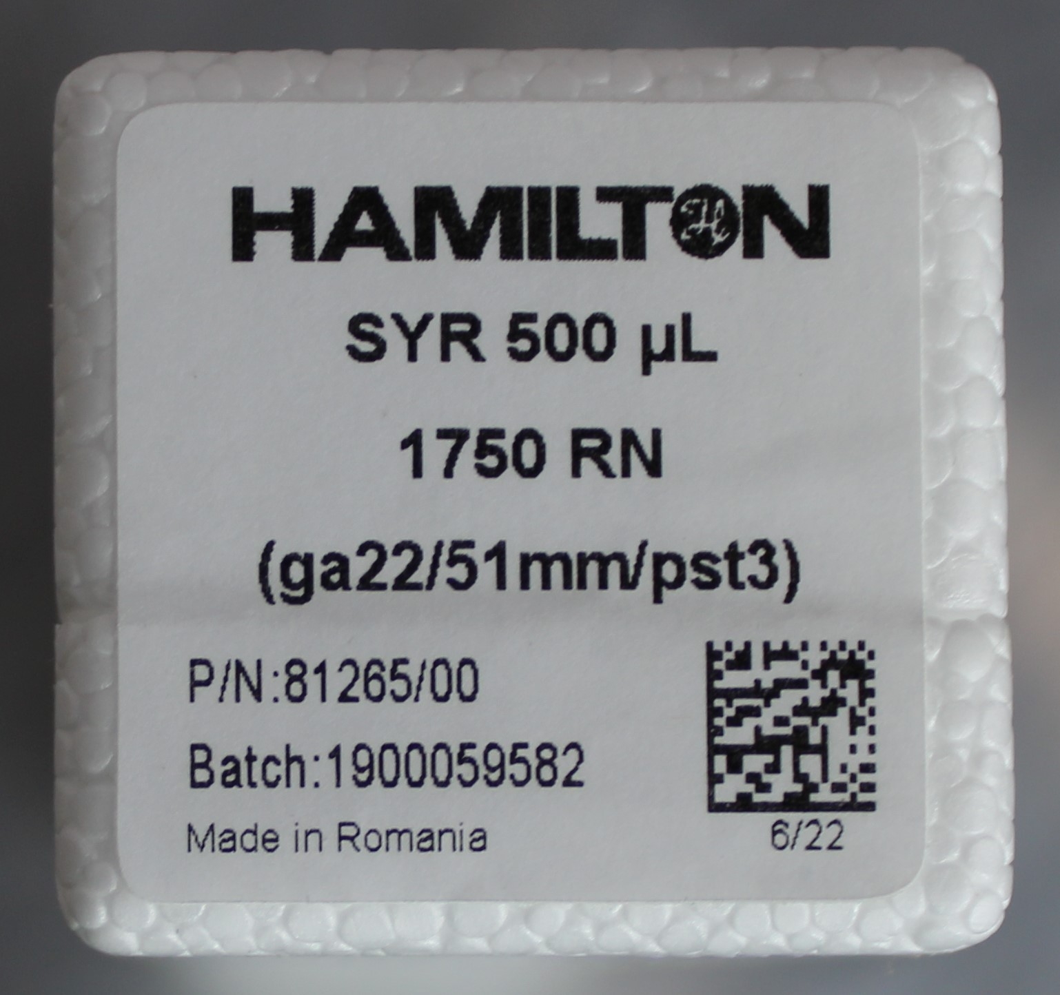 Hamilton 500uL Gastight Syringe 1750 RN 22 Gauge Autoclavable 700PSI PTFE