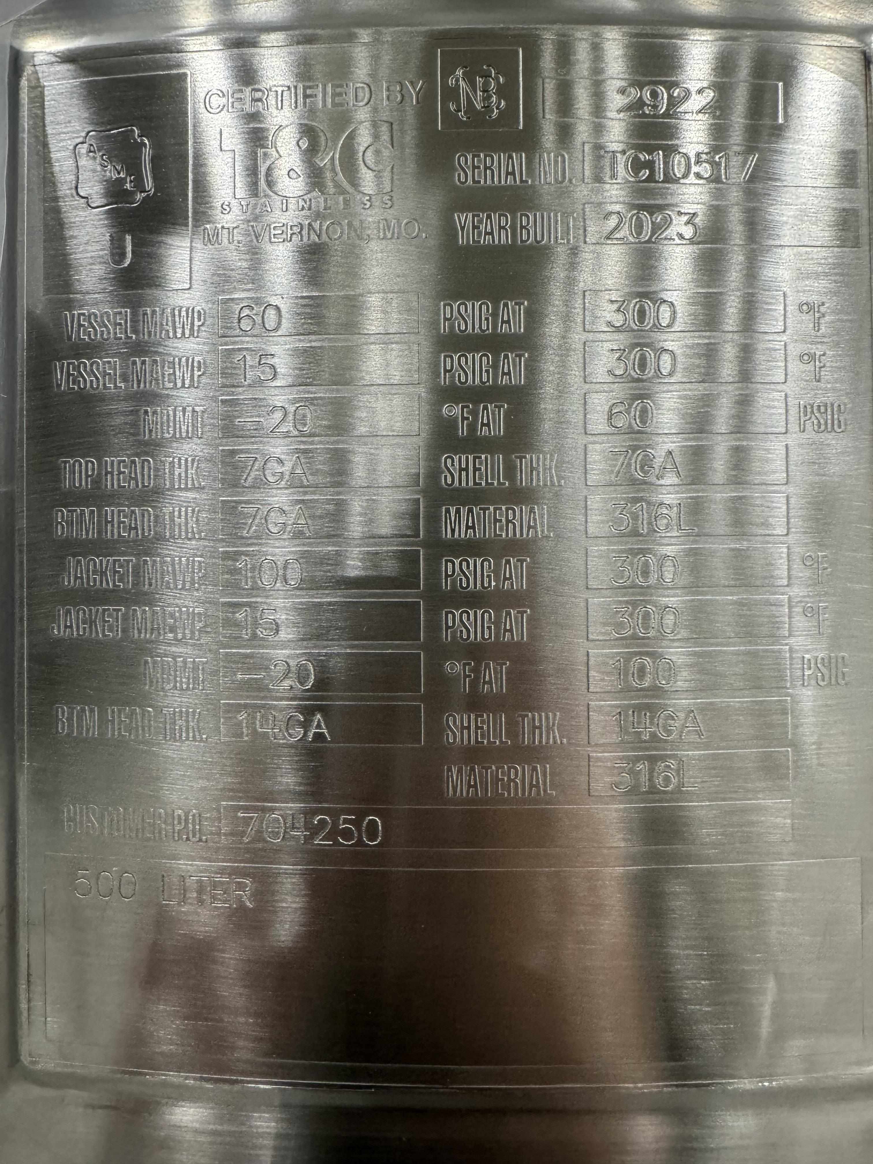 Holland Applied Technologies 500 L Vessel Sanitary Stainless Steel Tank New