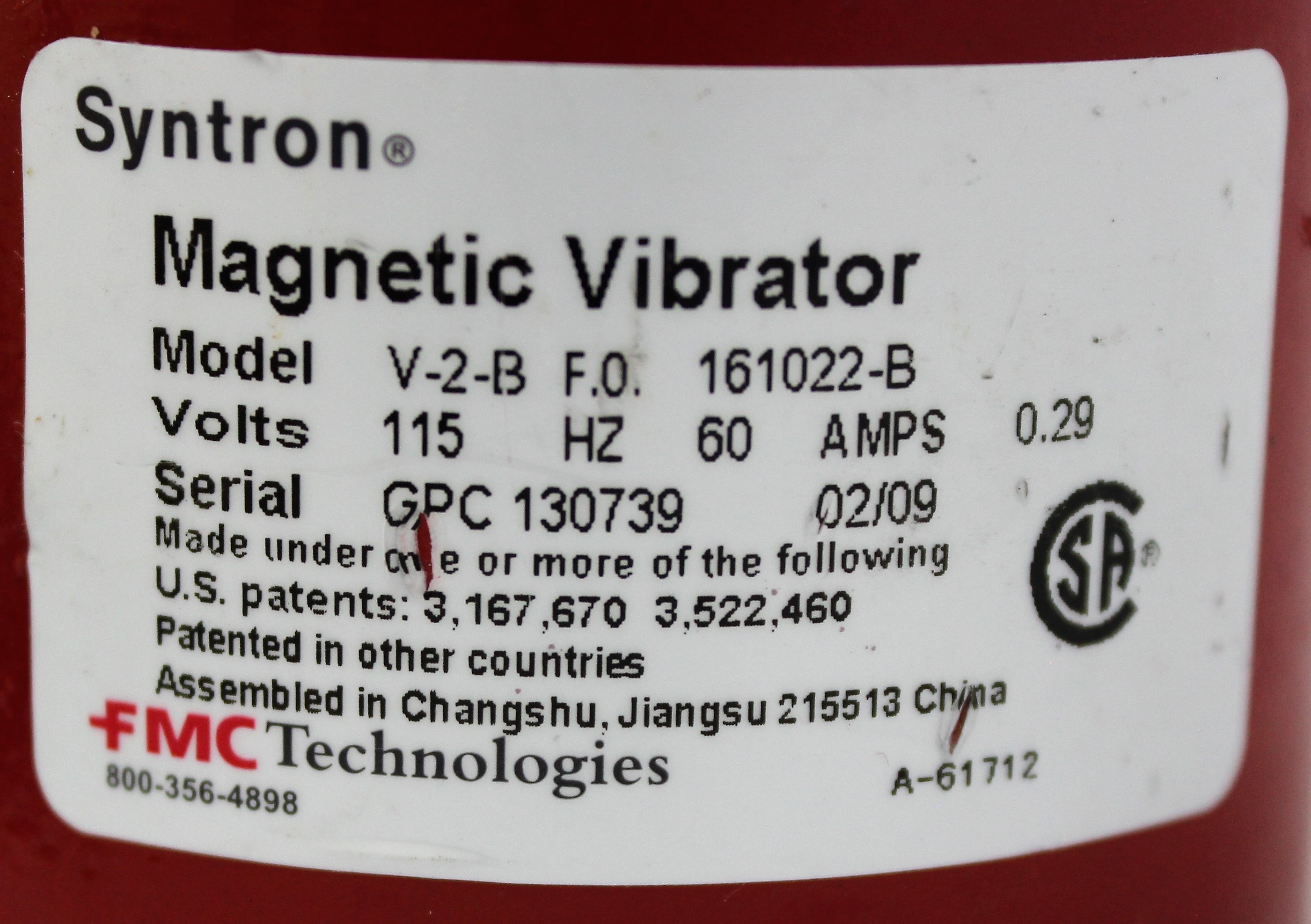 Syntron V-2-B Magnetic Vibrator for Bulk Material Flow US 3600 RPM 115V