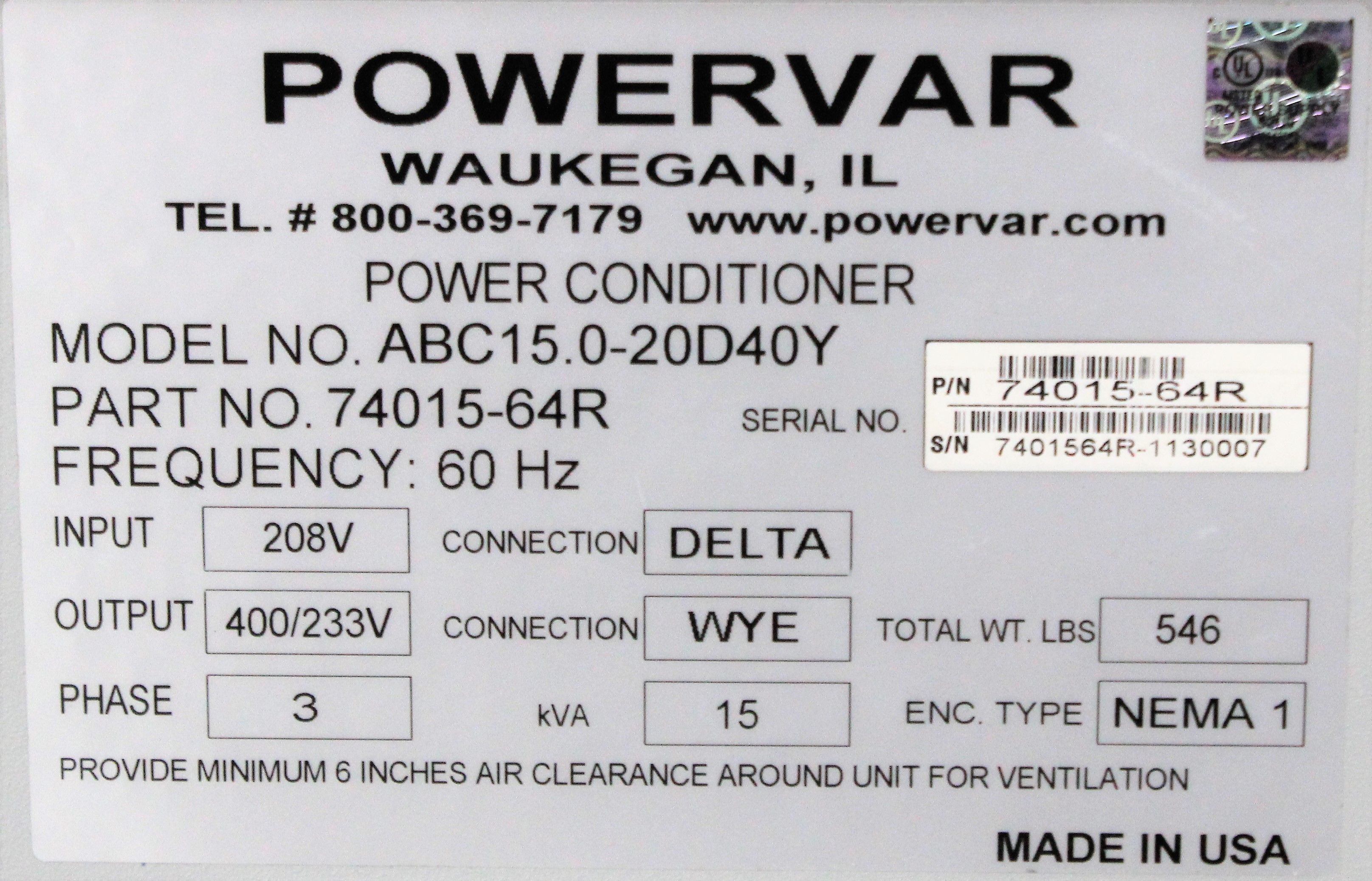 Powervar ABC15.0-20D40Y Power Supply Power Conditioner 15 kVA High Capacity