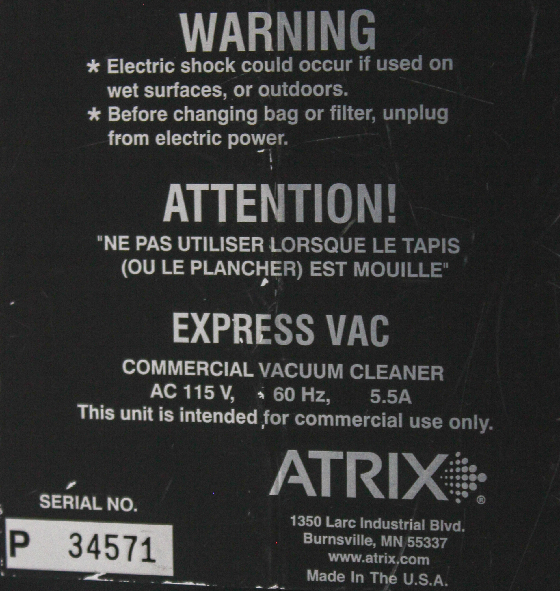Atrix Express Vacuum Commercial 115V 500W HEPA Filtration Industrial Use
