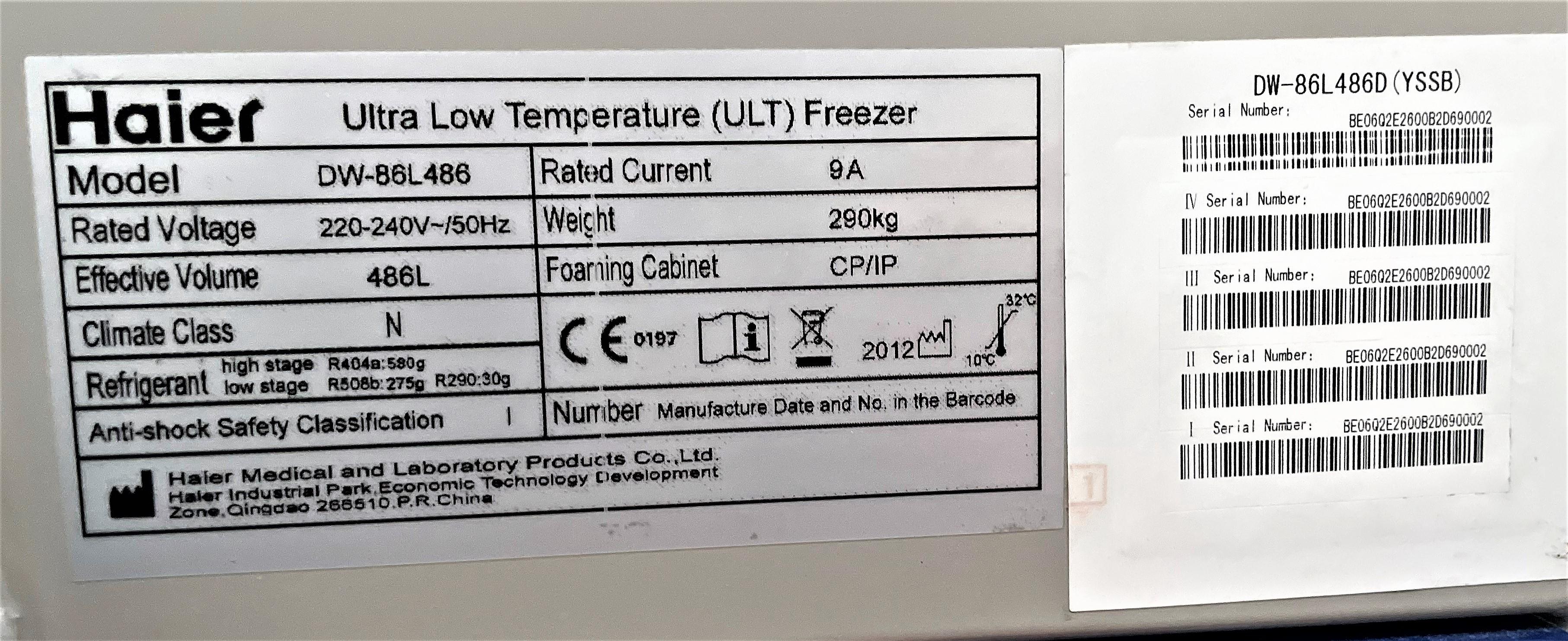Haier DW-86L486 Ultra Low Temperature Freezer -10C to -86C 486L Capacity