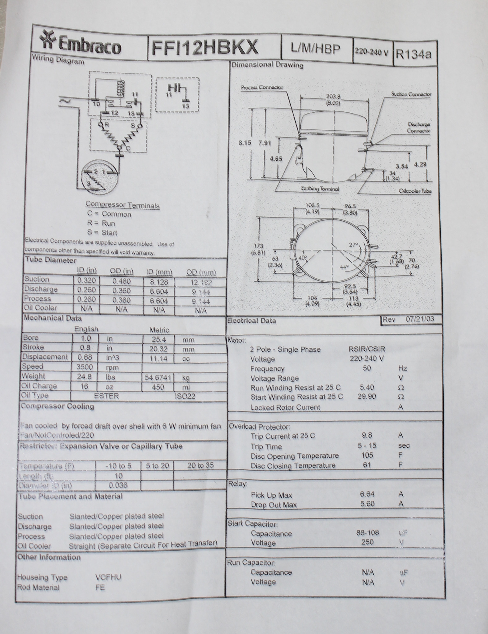 Embraco FFI12HBK CPD Storage Compressor 1/3 HP for Refrigeration Systems
