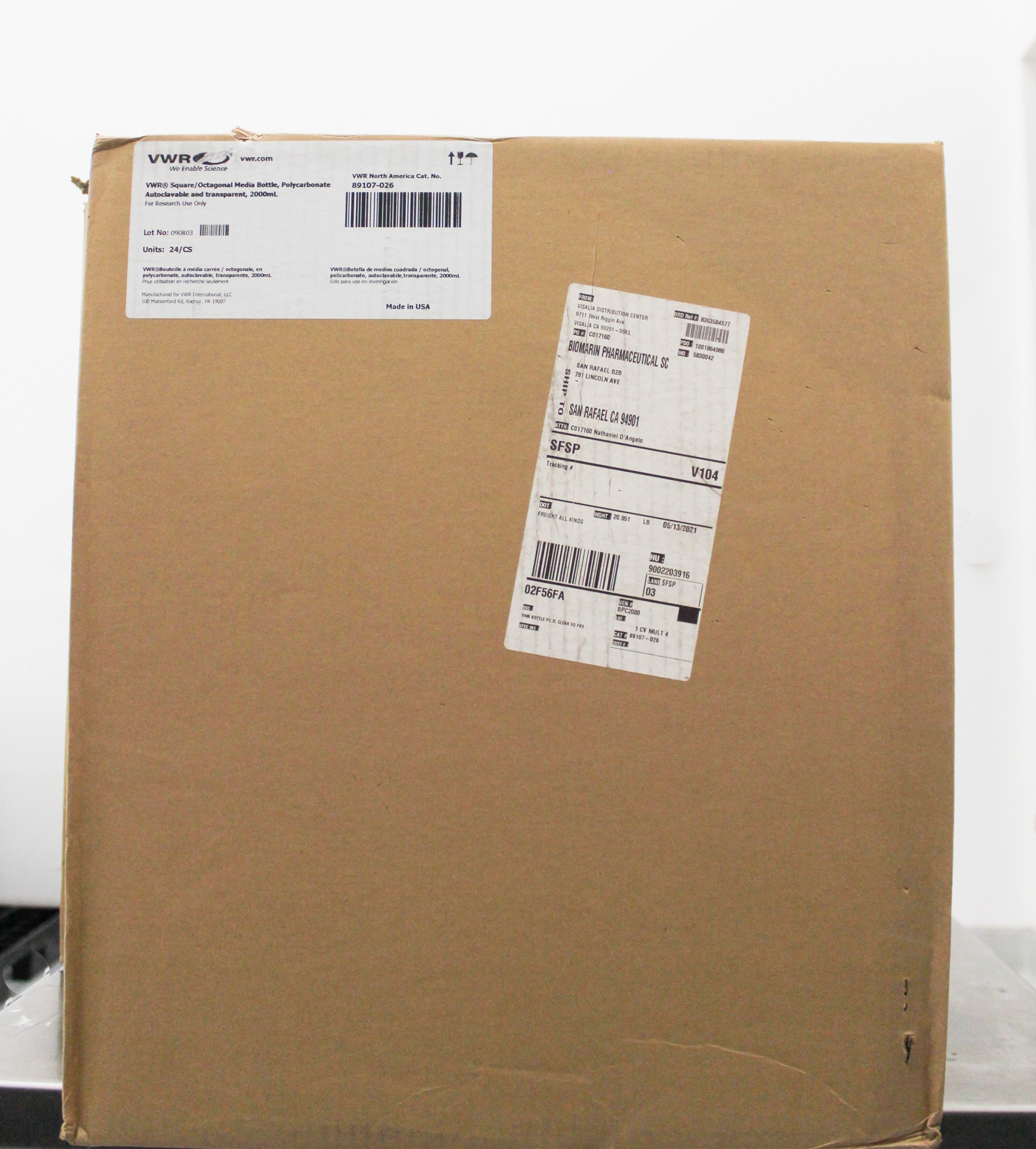 VWR 89107 Media Bottle 2000ml Autoclavable Sterile Bottles Box 24/CS