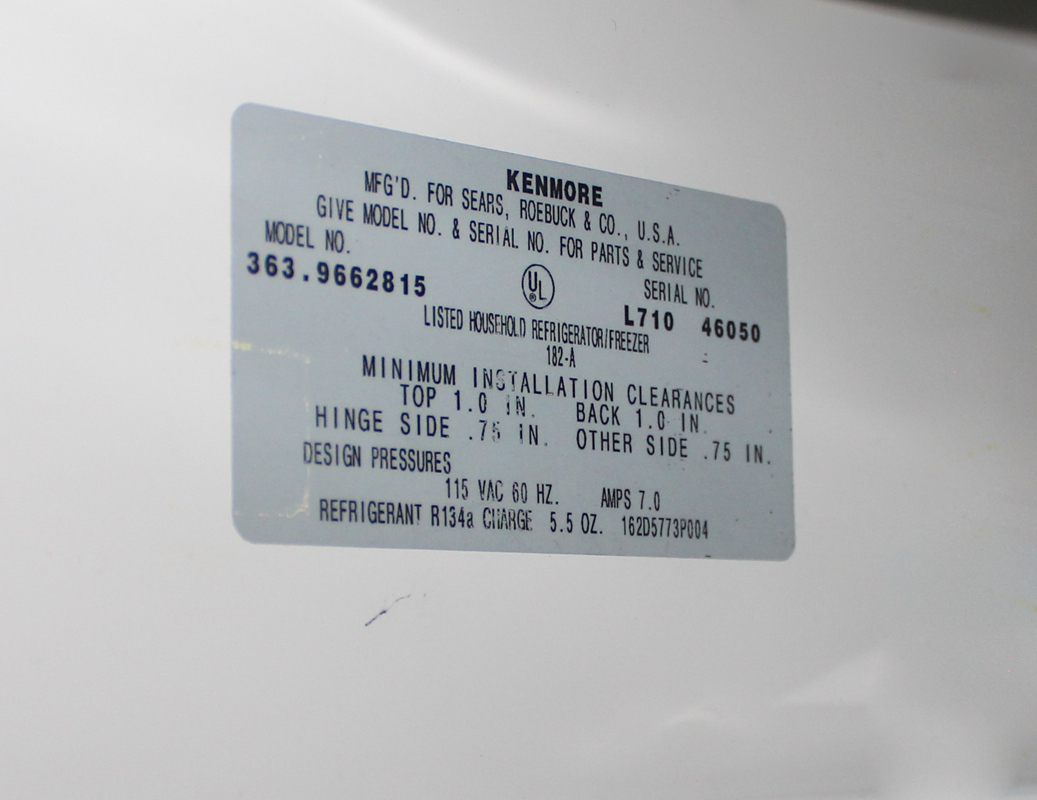 Kenmore 363.9662815 Lab Refrigerator Freezer 20.5 Cu Ft Adjustable Shelves