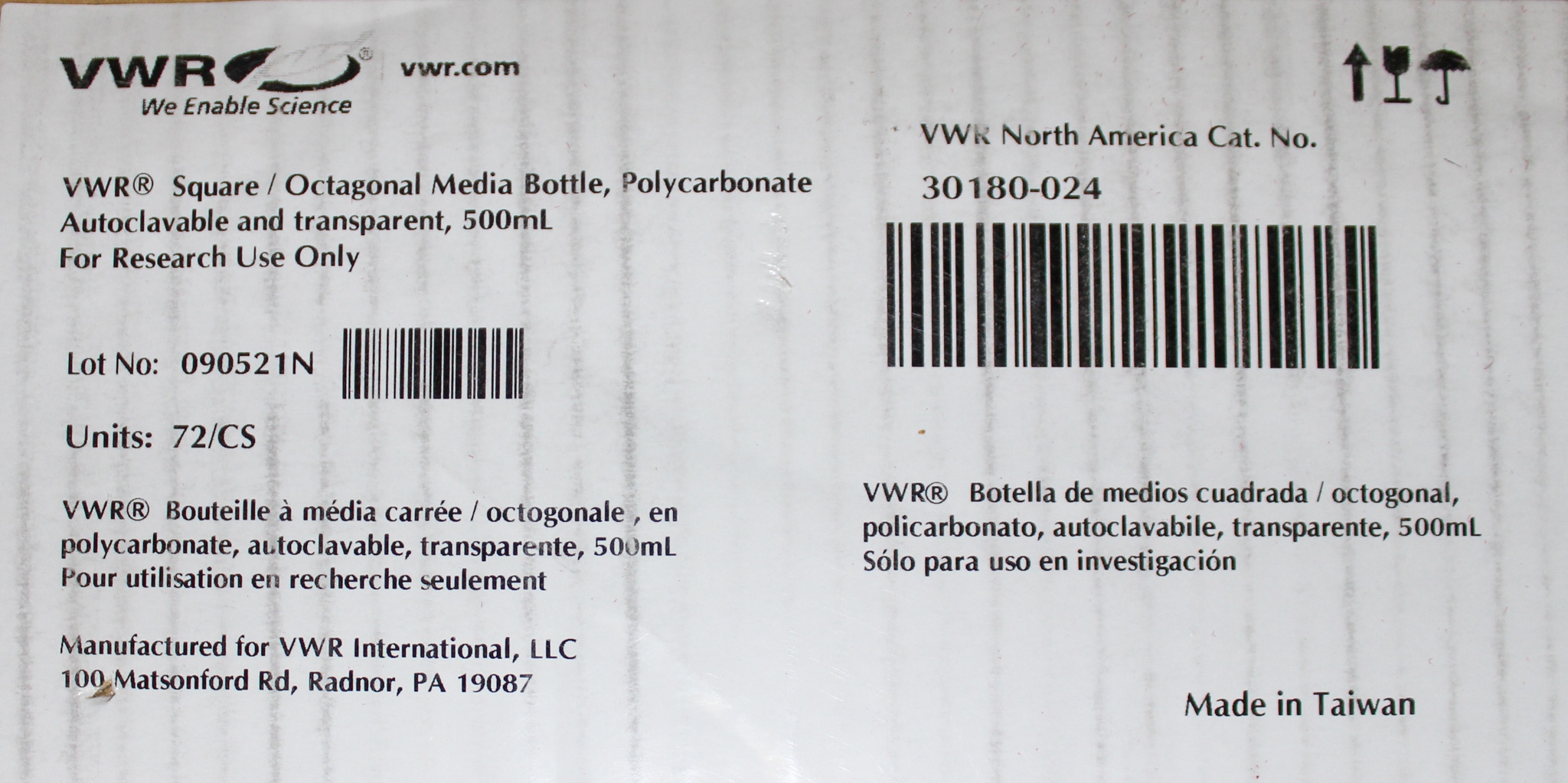 VWR 30180-024 Media Bottle 500ml Polycarbonate Autoclavable Biocompatible
