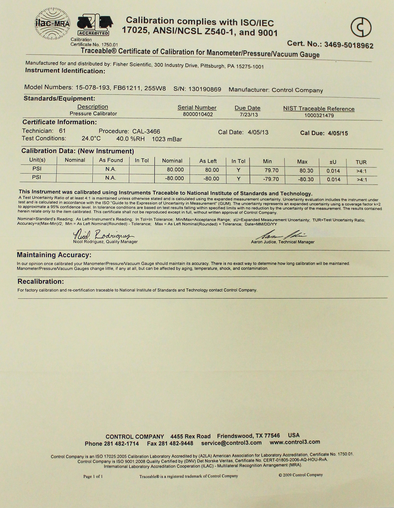 Fisher Printing Manometer Gauge Pressure Vacuum Measure -100 to 100Psi USA