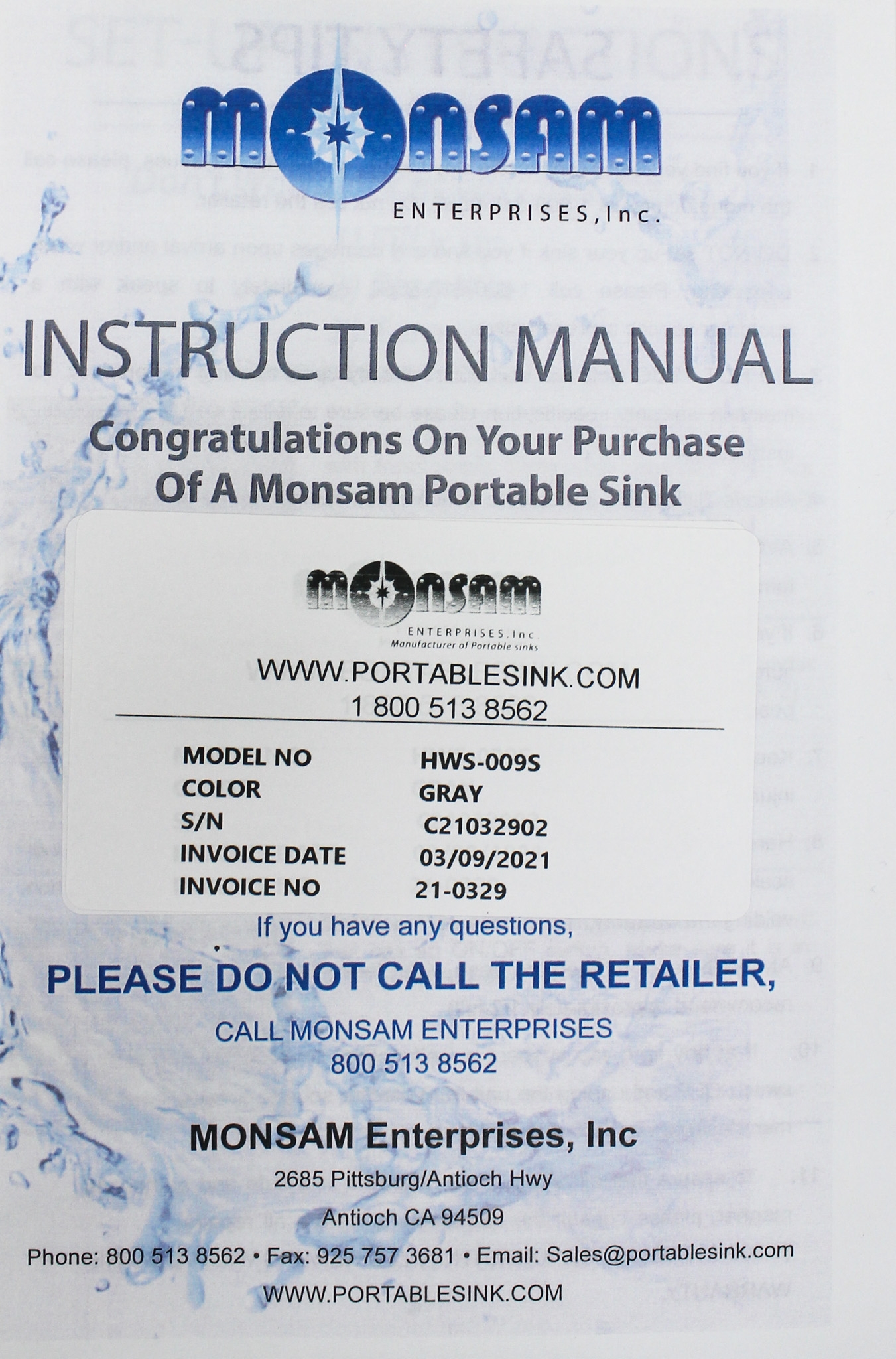Monsam HWS-009S Facility Portable Sanitizing Sink with Hot/Cold Water 7 gal Waste