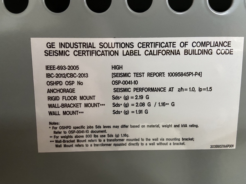 GE 9T10A1343 Transformer VG Condition Three-Phase 45kVA 208V 480Y/277V