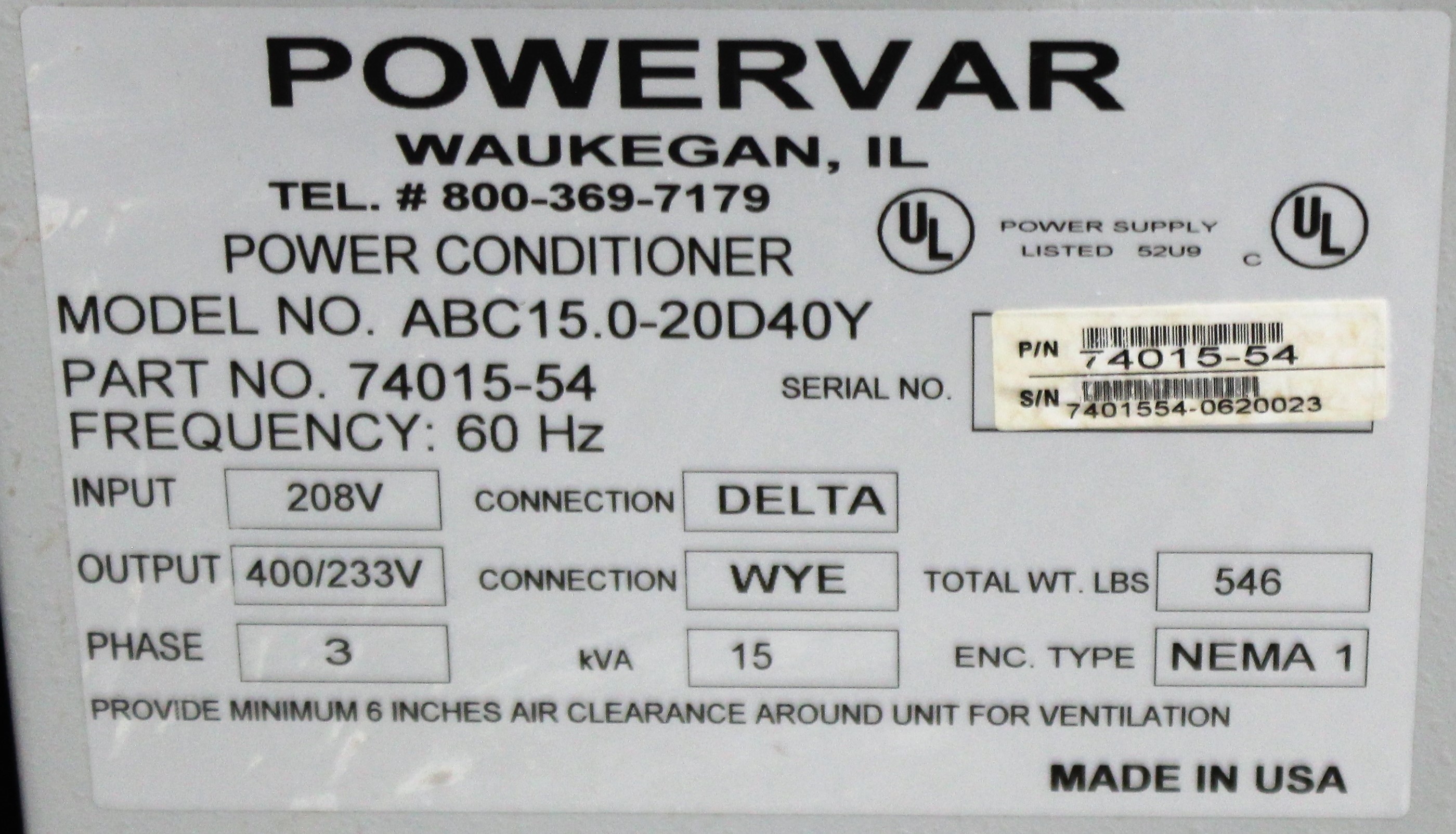 Powervar ABC15.0-20D40Y Power Supply - UPS 15 kVA 220V Noise Protection System