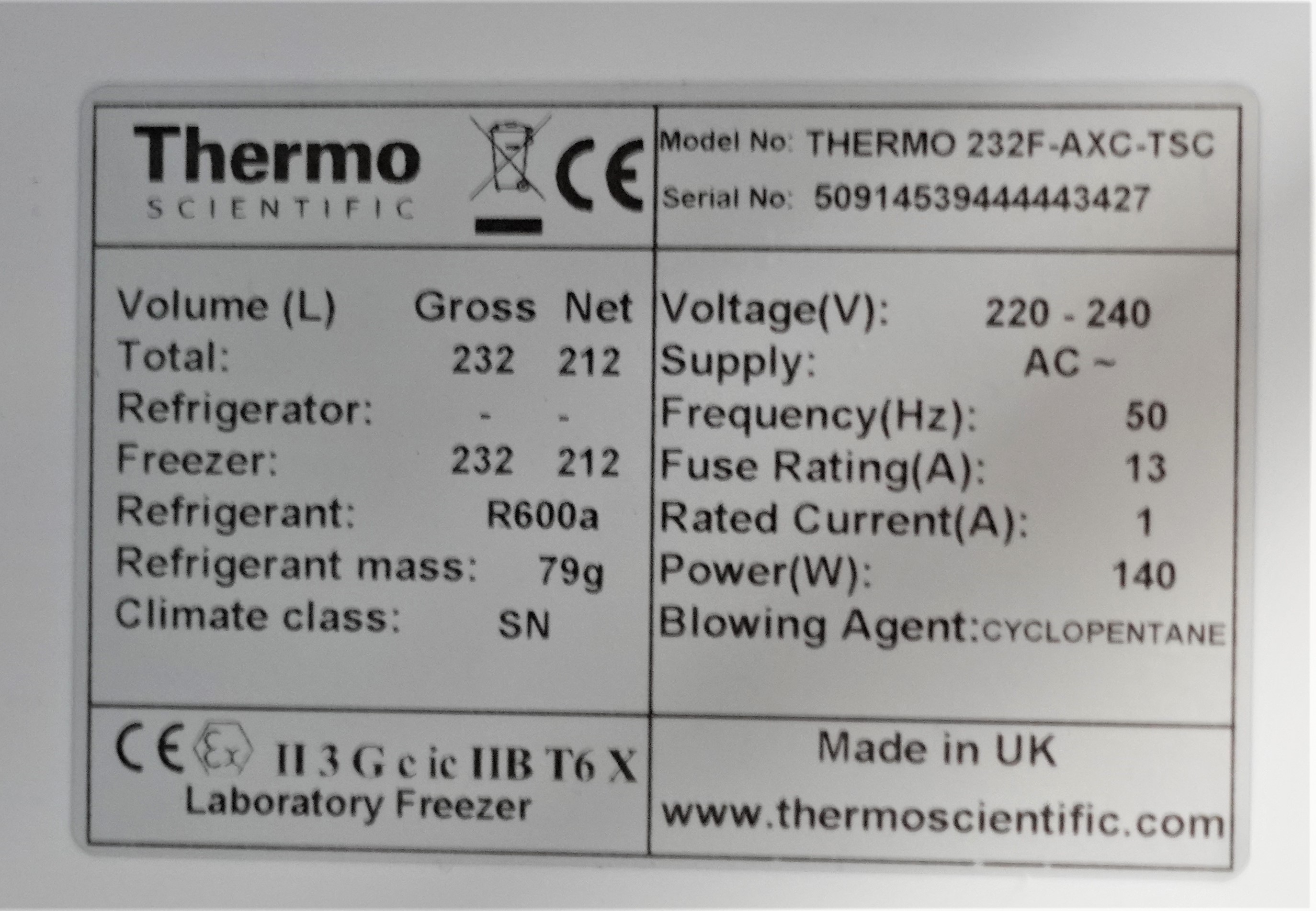 Thermo 232F-AXC-TSC Lab Freezer Spark-free ATEX Alarms Storage 230V