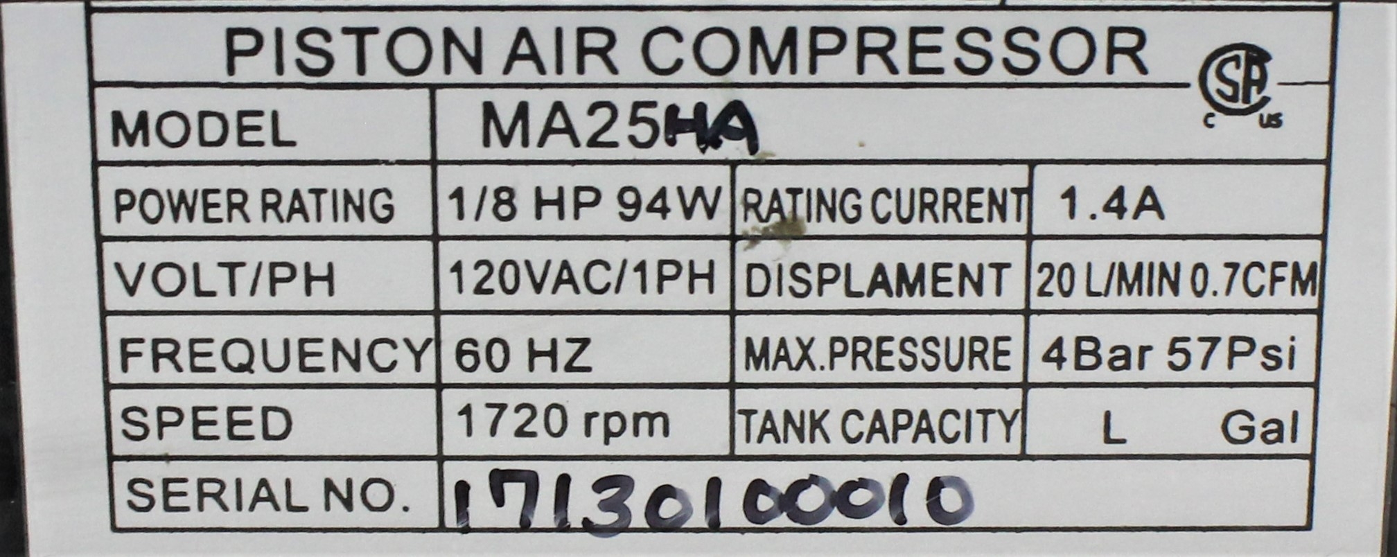 MA25HA Piston Air Compressor 1/8 HP 120VAC 20L/Min Turn-Key Ready