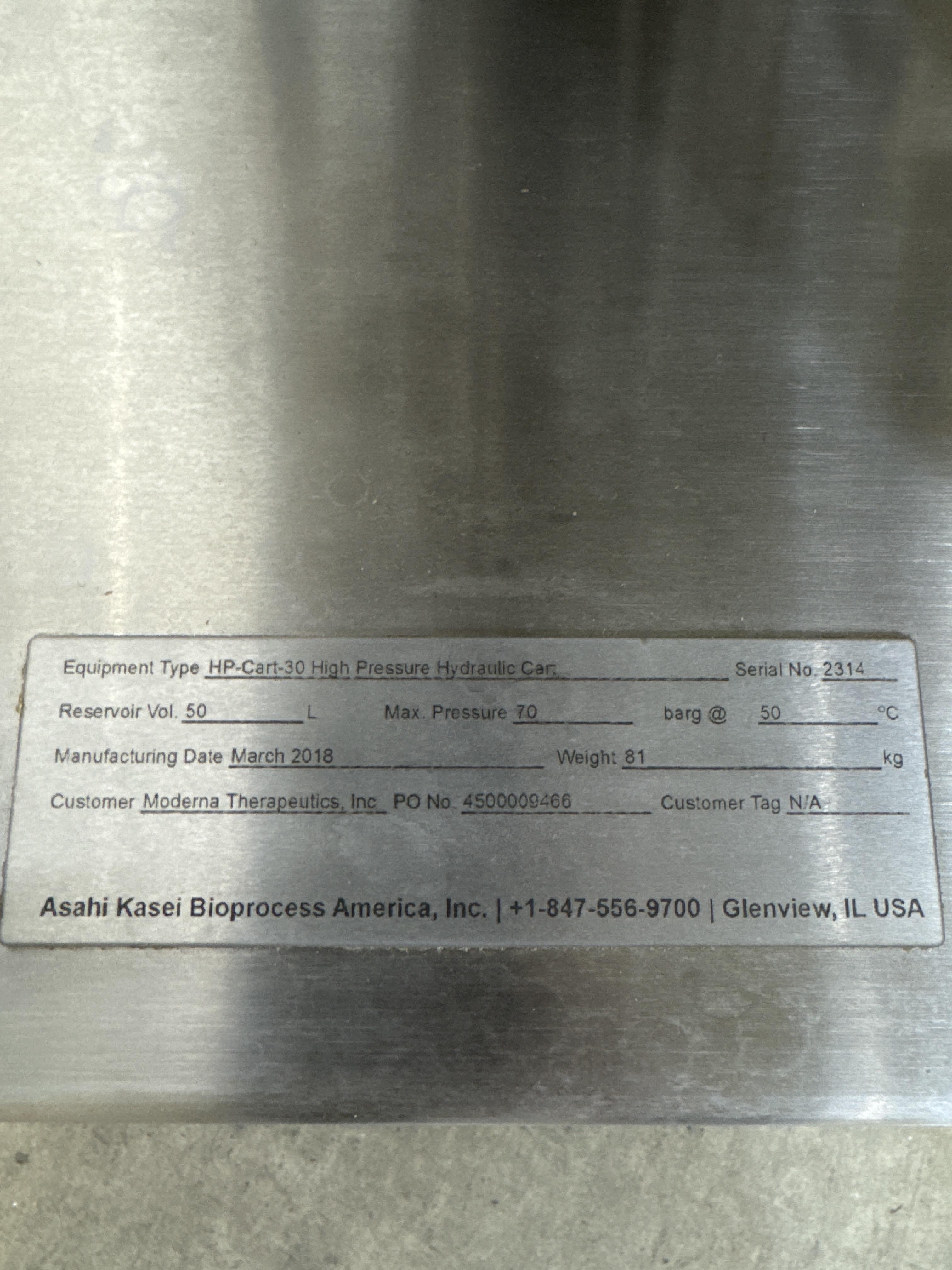 Asahi Kasei Bioprecess Hp-Cart-30 Hydraulic High Pressure Cart 70 Barg Capacity