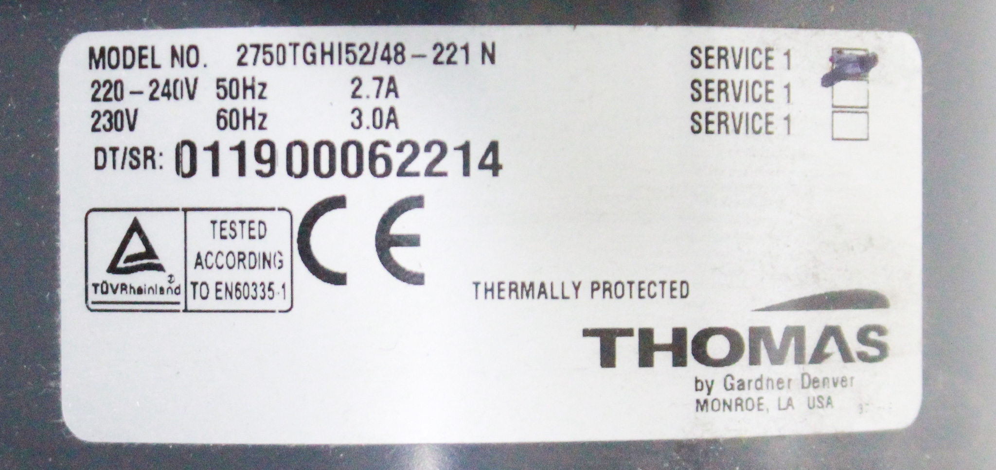 Thomas 2750TGHI52 Vacuum Pump Compressor 12 bar High Flow 212 l/min Used