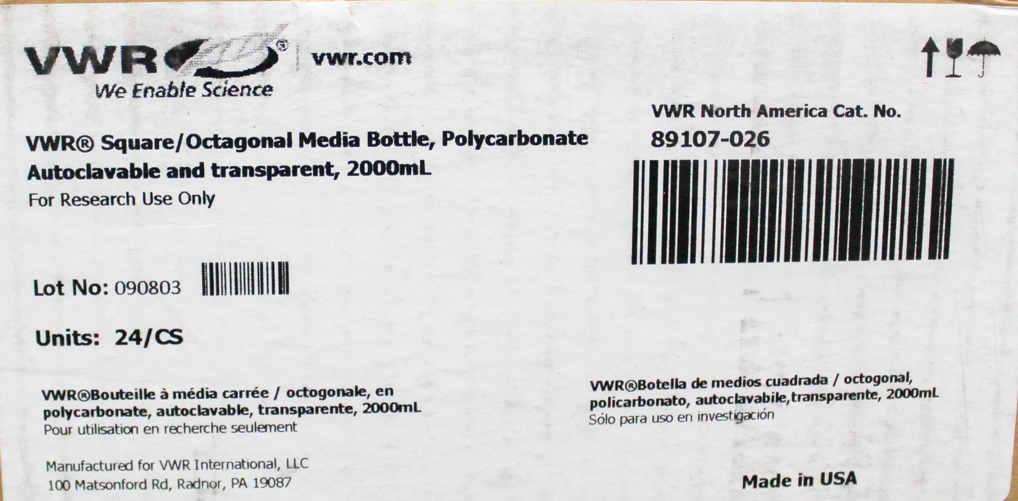VWR 89107 Media Bottle 2000ml Autoclavable Sterile Bottles Box 24/CS