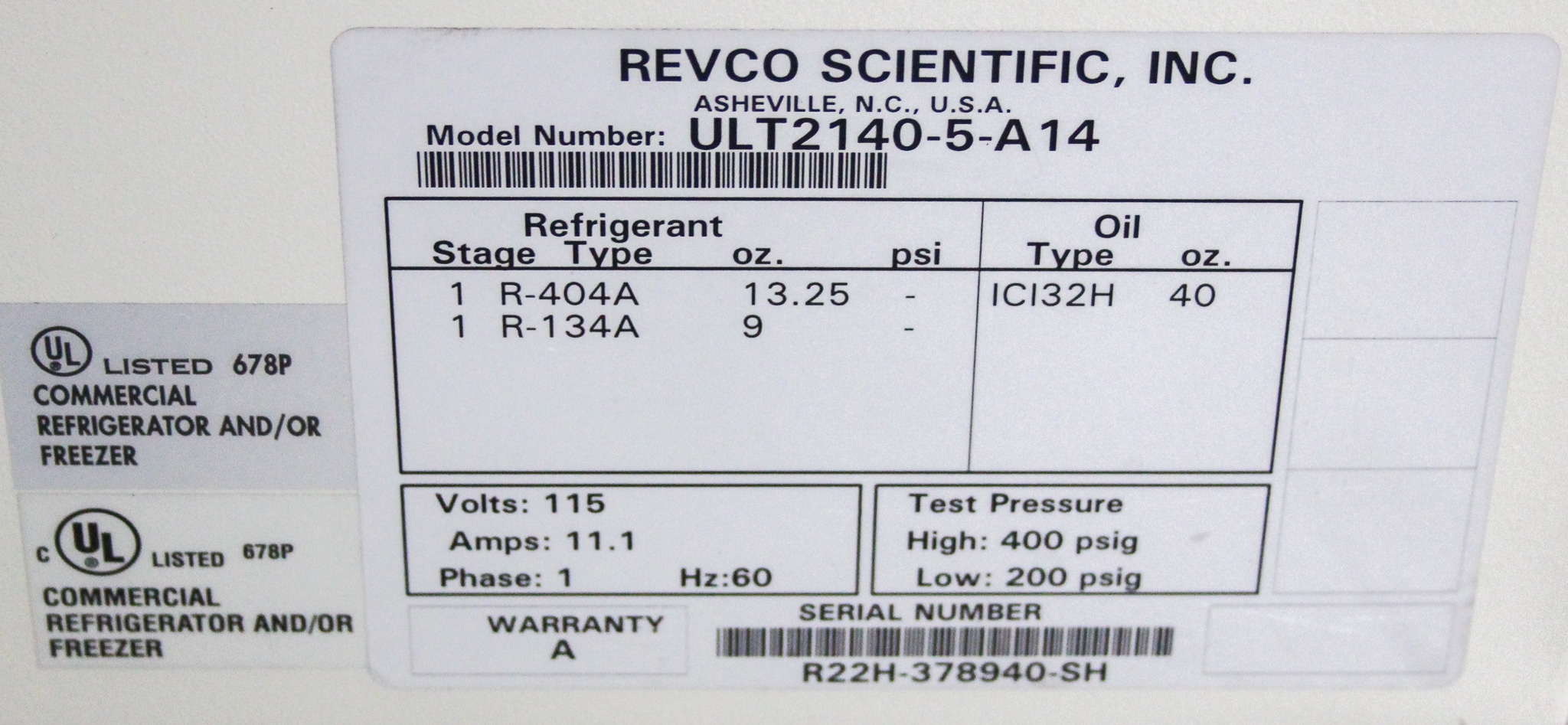 Revco ULT2140-5-A14 Ultra Low Freezer Upright -40C Microprocessor Control