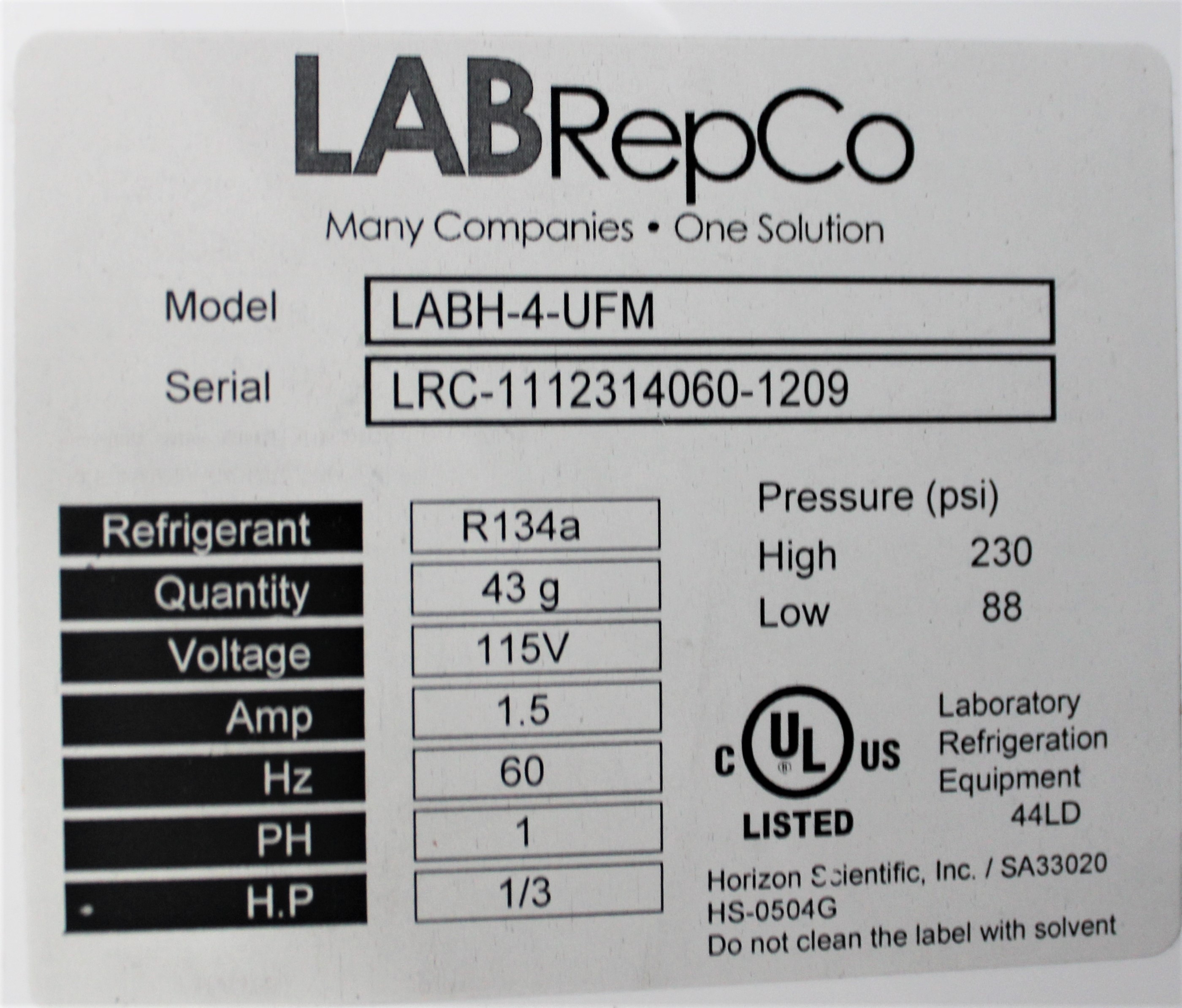 LabRepco LABH-4-UFM Futura +4C Undercounter Freezer -20C 4CuFt Used