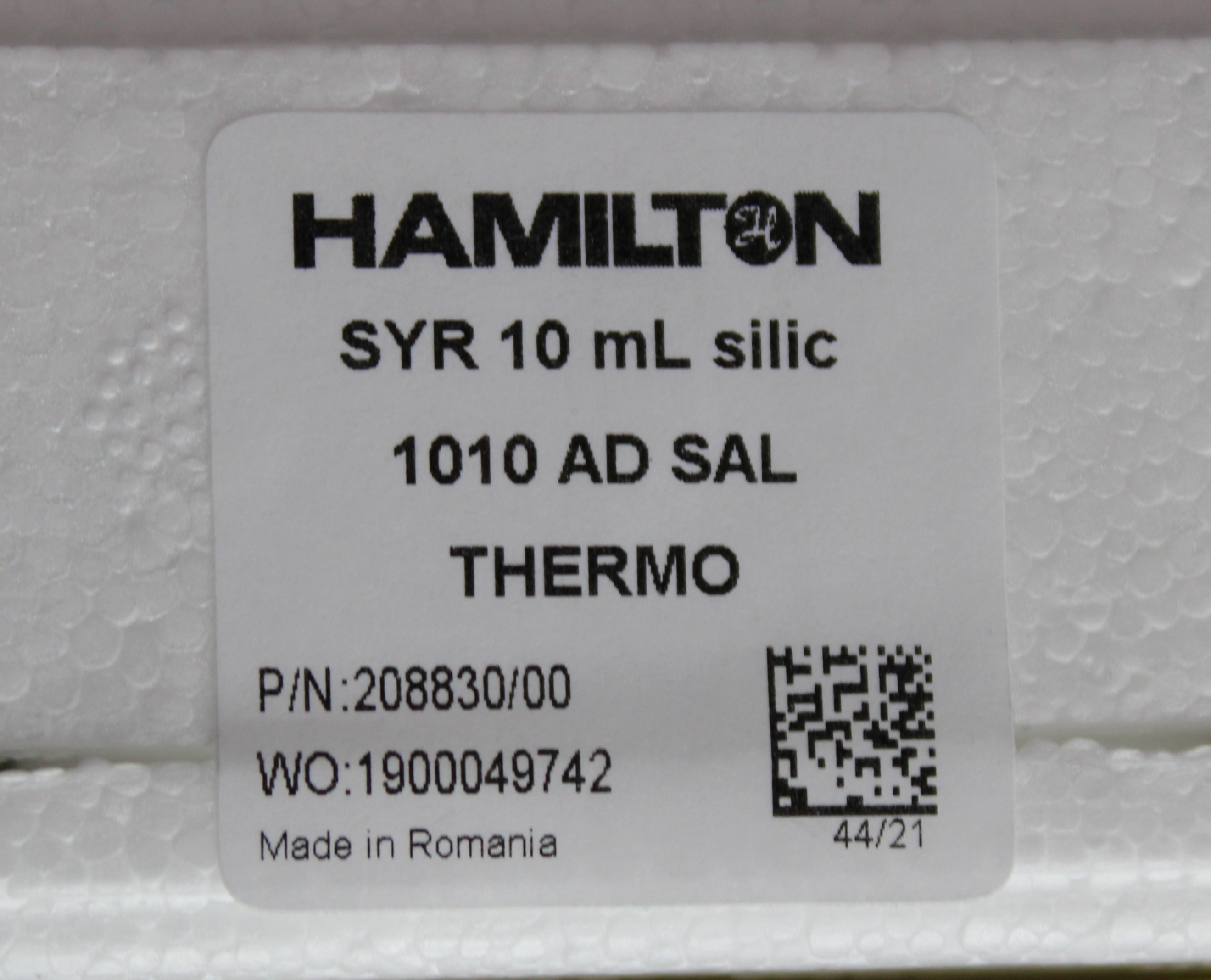 Hamilton 1010 AD SAL Syringe 10 mL Gastight Borosilicate Glass PTFE
