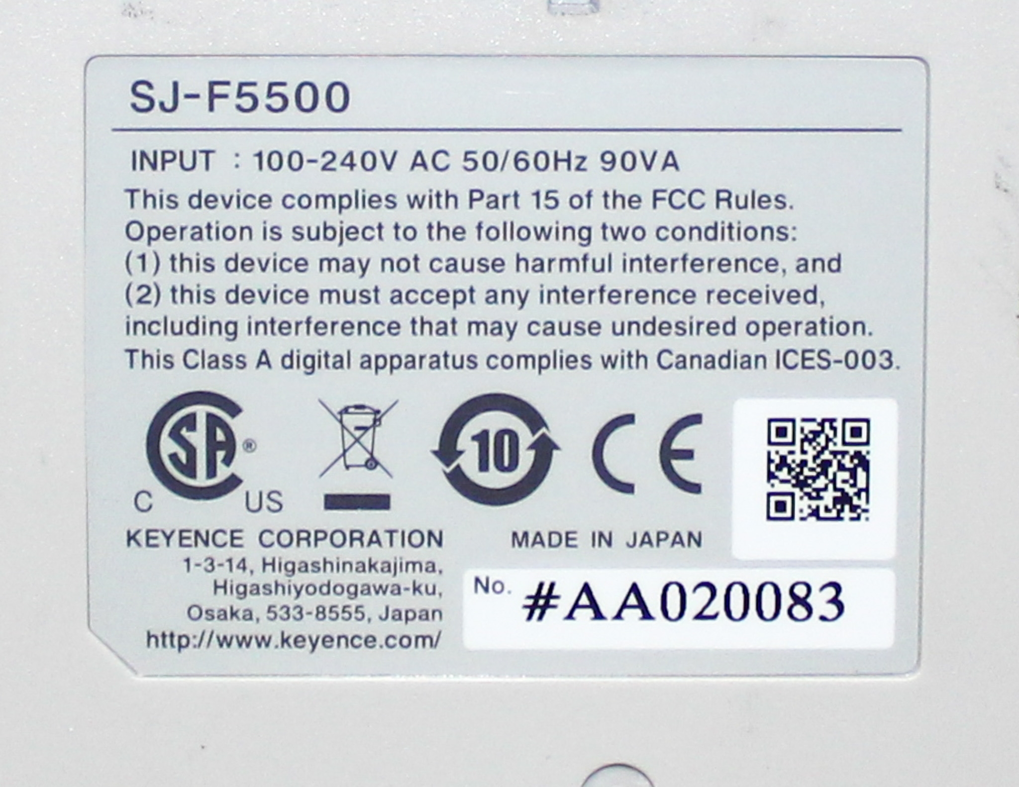 Keyence SJ-F5500 Static Eliminator Blower Precision Ion Balance 0.6s Elimination