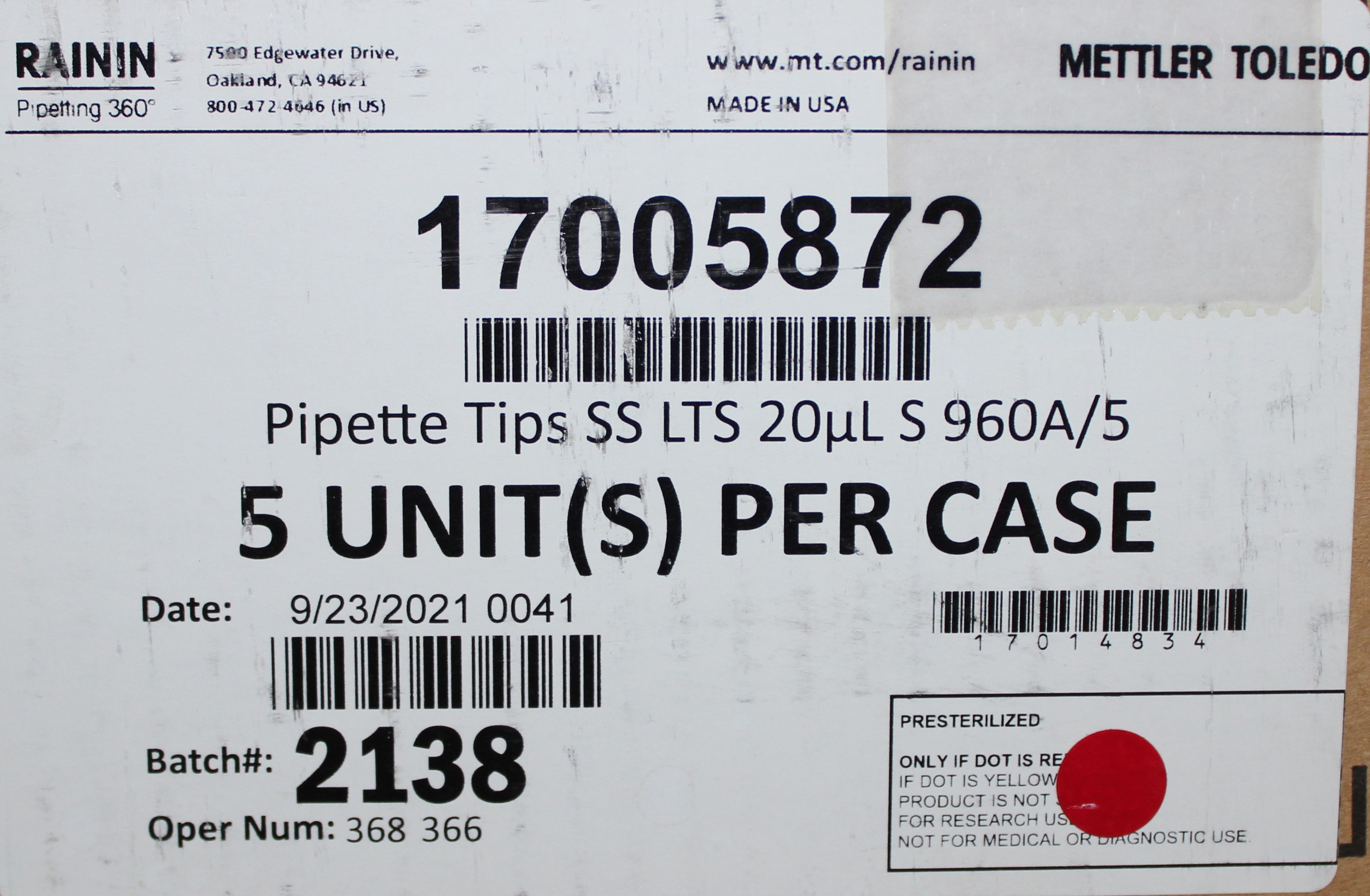 Mettler Toledo 17005872 Pipette Tips SS LTS 20ul 960 Pre-Sterilized