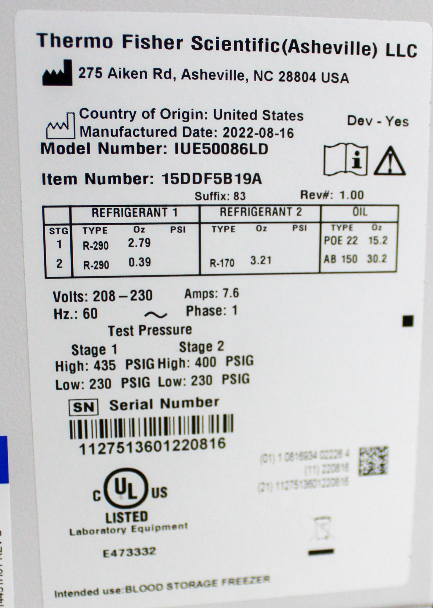 Thermo IUE50086LD Ultra Low Freezer -86C Upright Compressor Casters