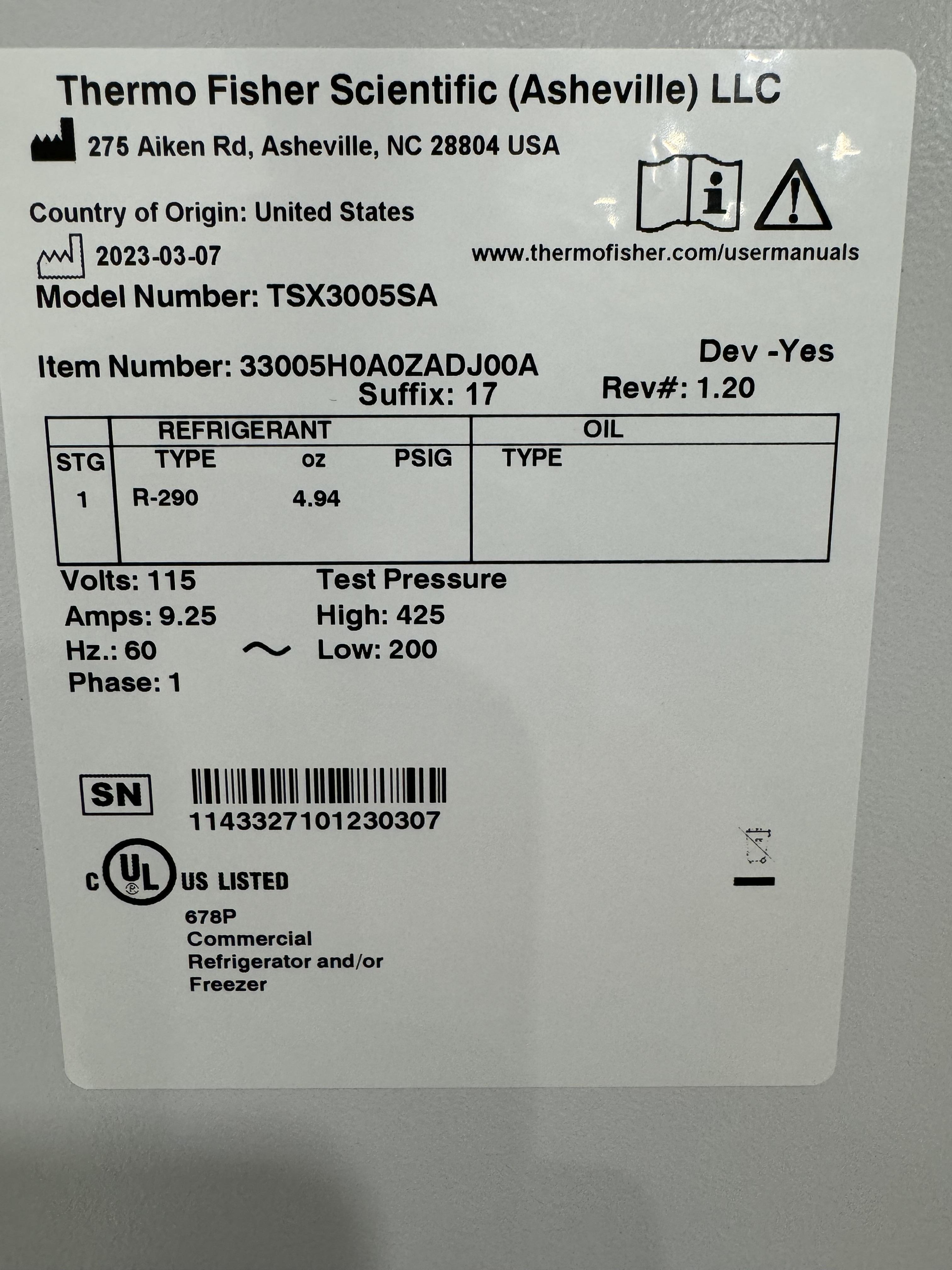 Thermo TSX3005SA Lab Refrigerator High-Performance 450W 2-8C Used