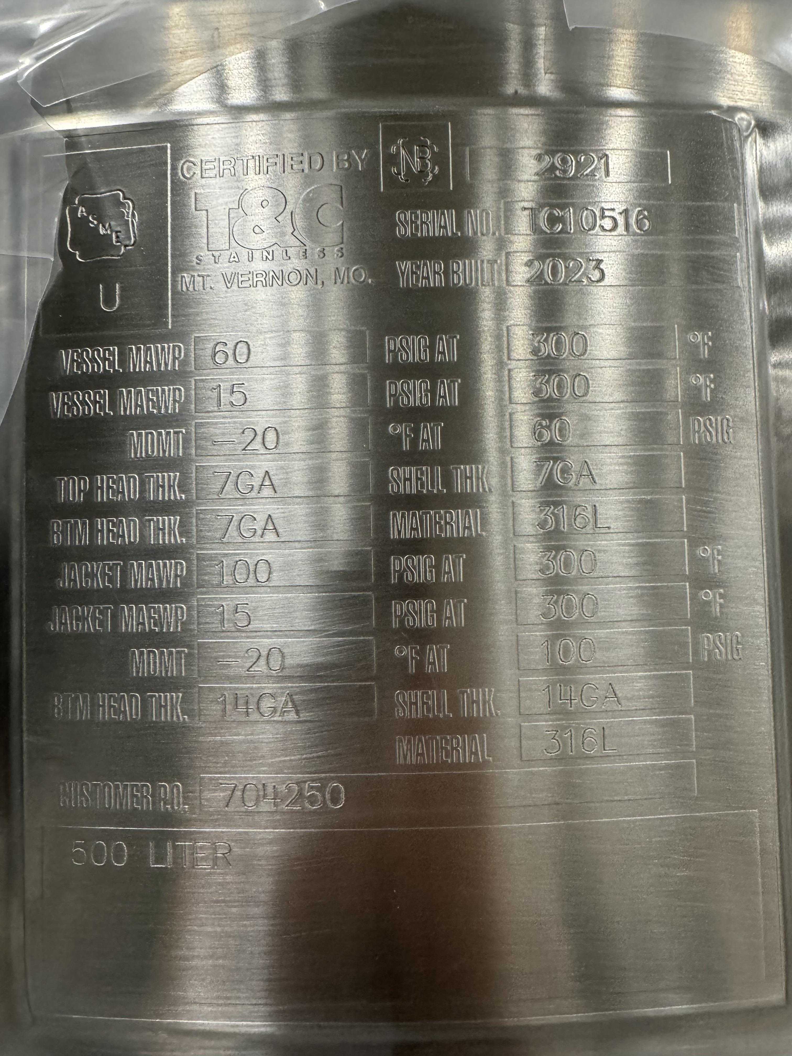 Holland Applied Technologies 500 L Vessel Sanitary Stainless Steel No Power