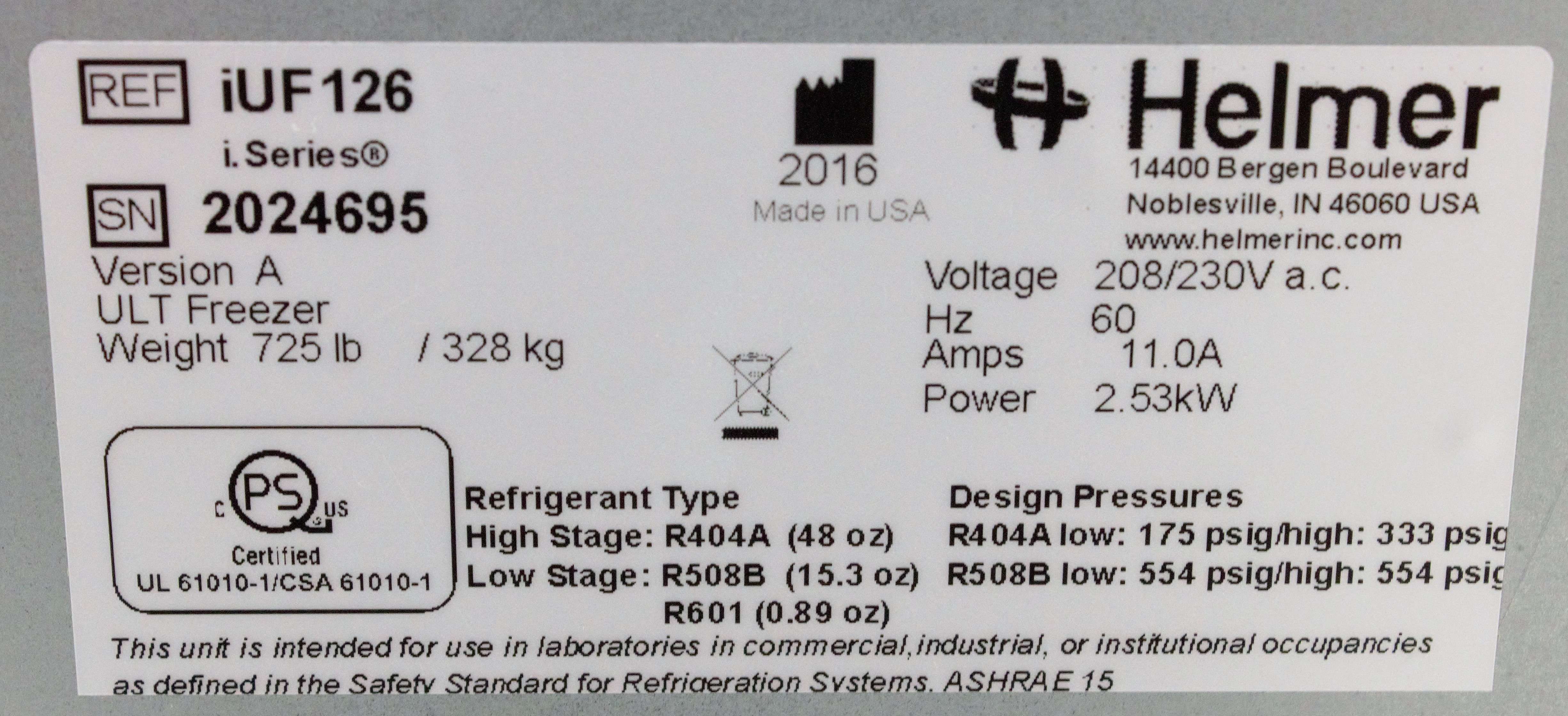 Helmer iUF126 Ultra Low Freezer -80C 26cu ft, Sample Storage Biologics
