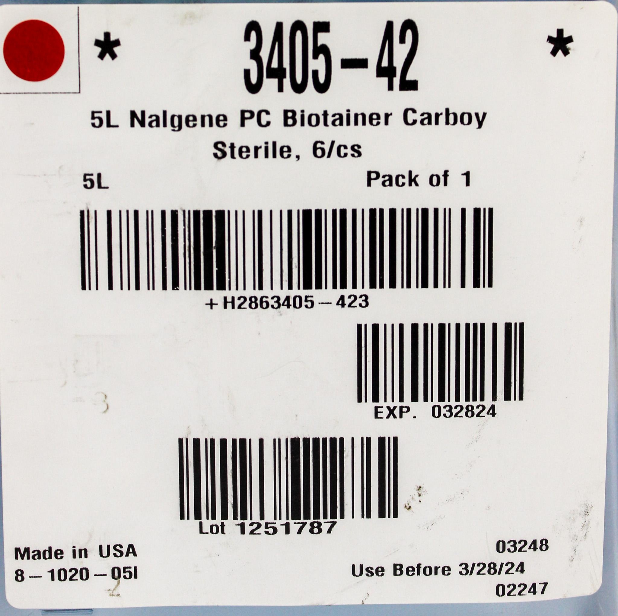 Thermo 3405-42 Biotainer Carboy 5L Pharmaceutical PC for -100C to 100C Use