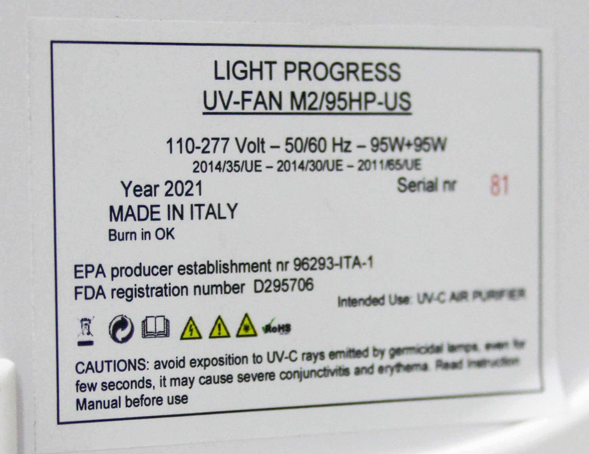 Light Progress UV-Fan M2/95HP-US Wall-Mounted UV-C Air Purifier