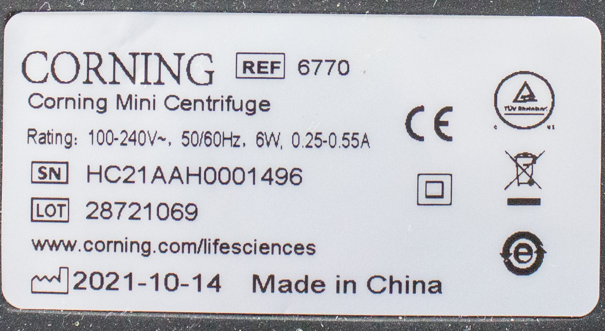 Corning 6770 Mini Microcentrifuge Lightweight 6000 RPM Compact Spin