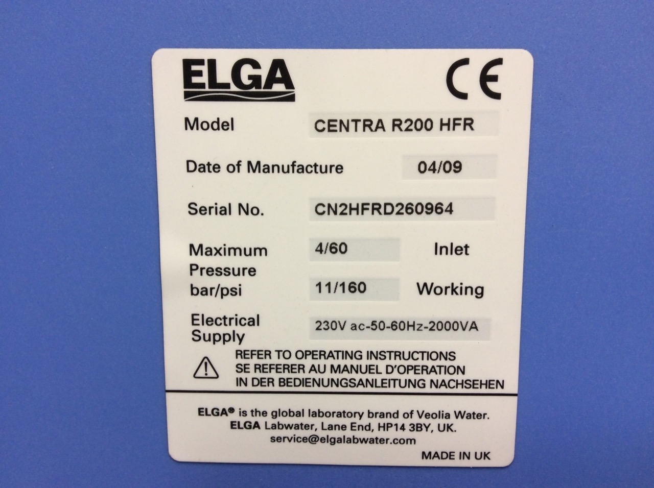 Elga Centra R200 HFR Water Purification System for Lab Applications