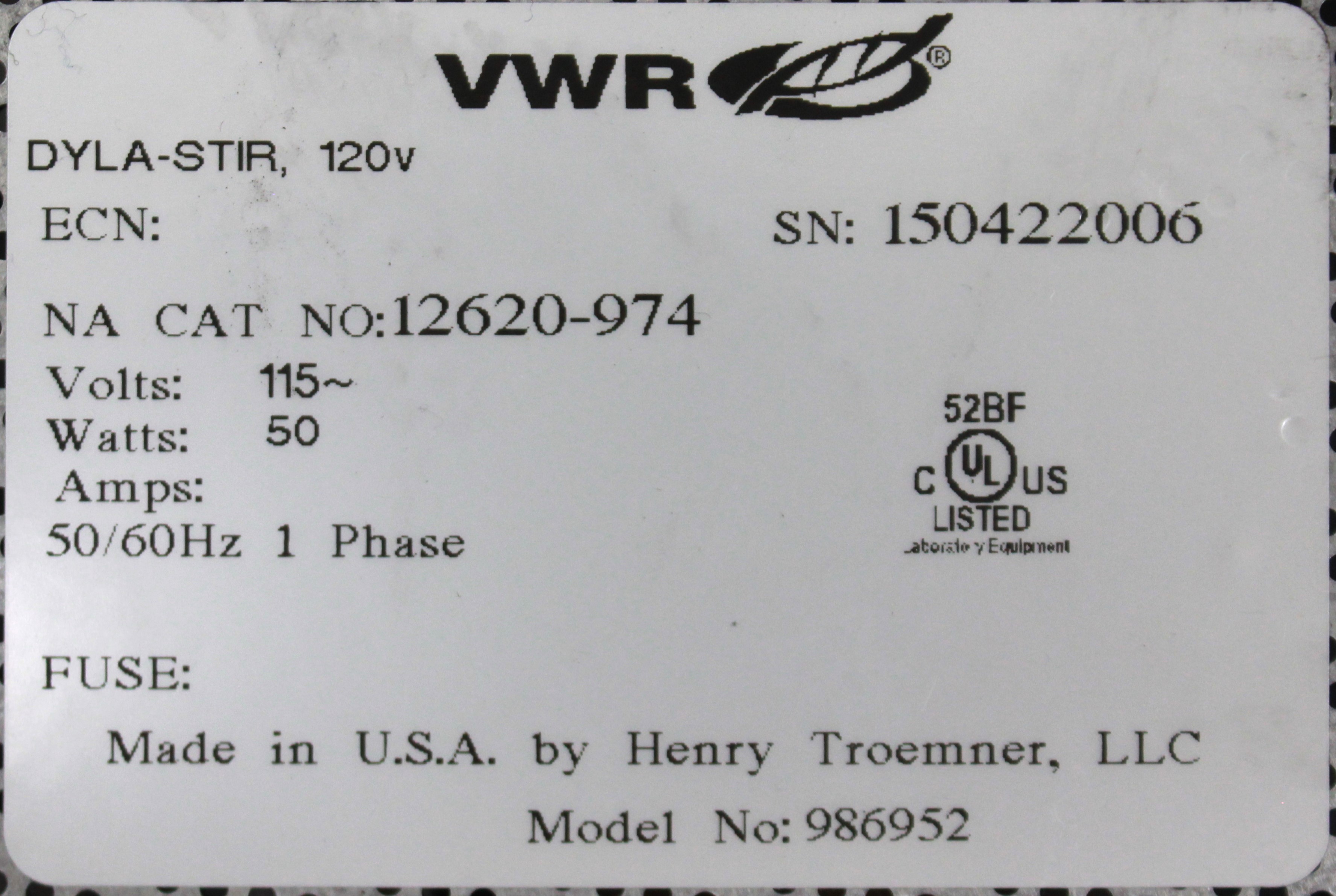 VWR 986952 DylaStir Stirrer Magnetic 1500mL 1600RPM 120V Used Lab Equipment