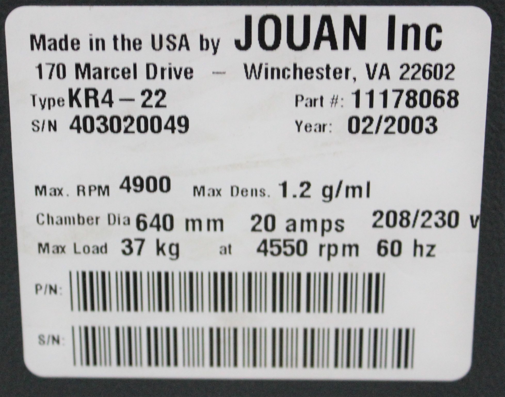 Jouan KR4-22 Refrigerated Centrifuge Floor Model 4900 RPM 230V AS-IS Parts