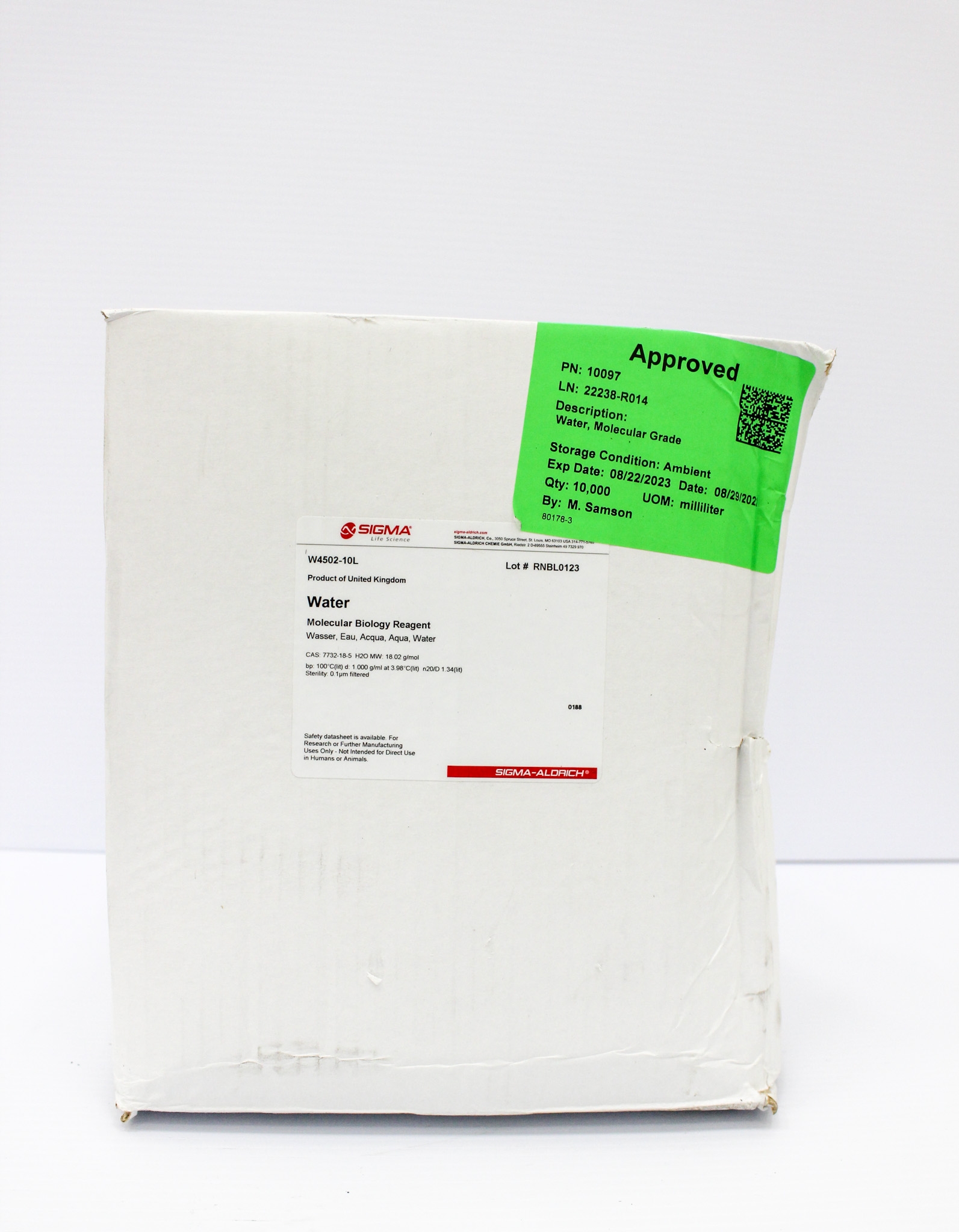 Sigma W4502-10L Sterility Water Reagent for Molecular Biology 10L