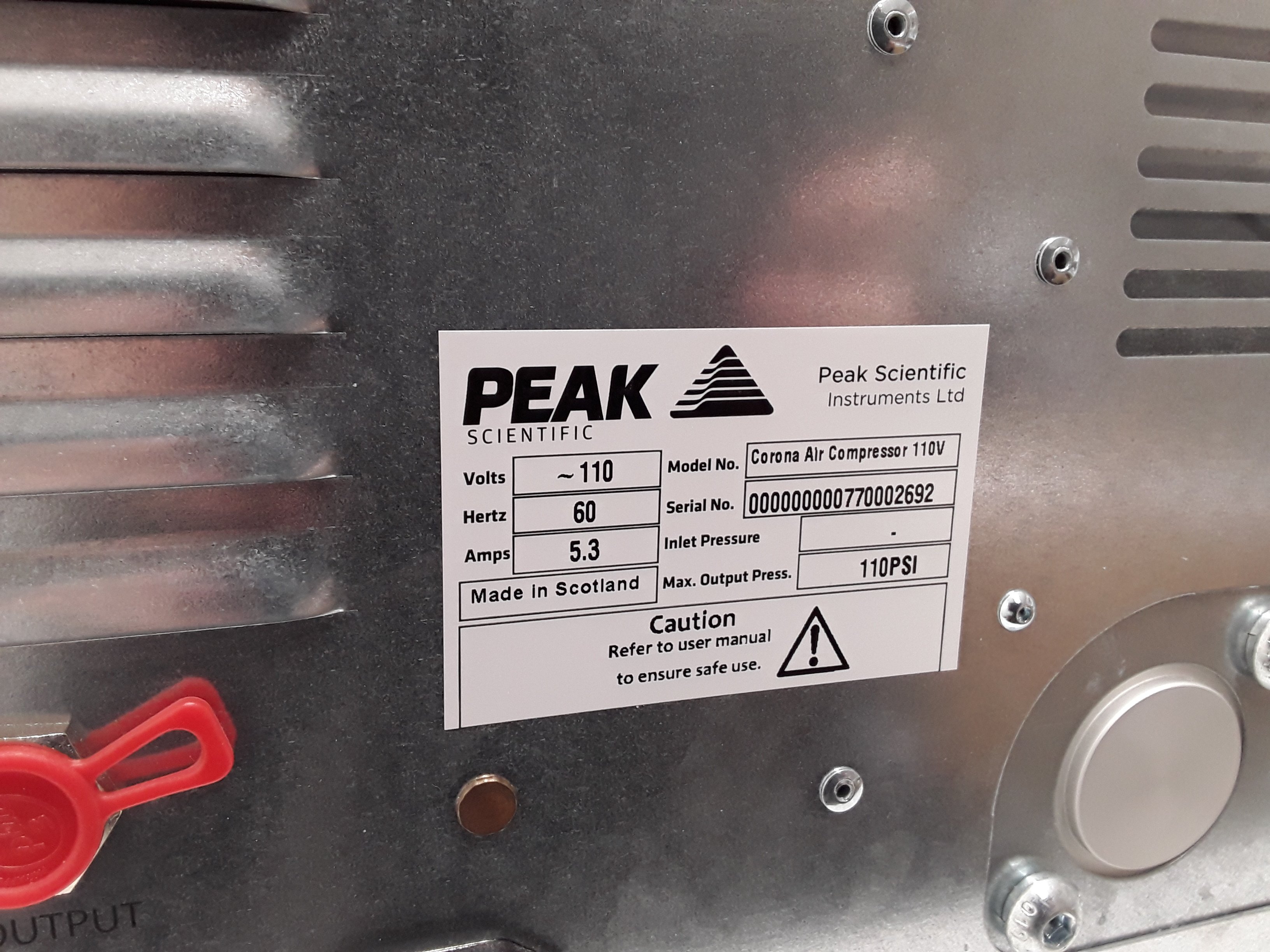 Peak Scientific Corona Facility Air Compressor 110 PSI 110V 60Hz HPLC System Lab