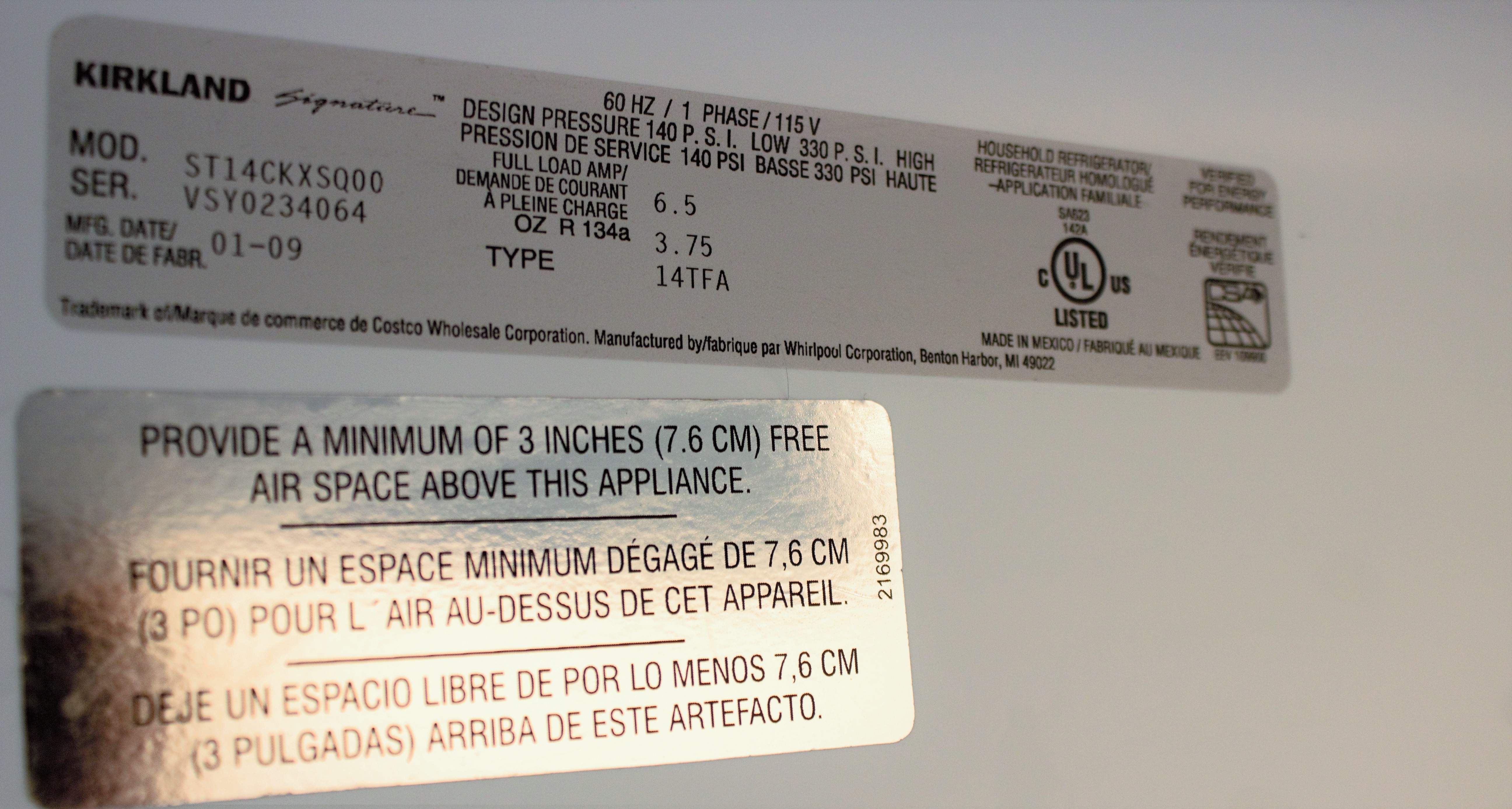 杉崎ページ③ Kirkland ST14CKXSQ00 Refrigerator 18 Cu Ft with Top Freezer 120V