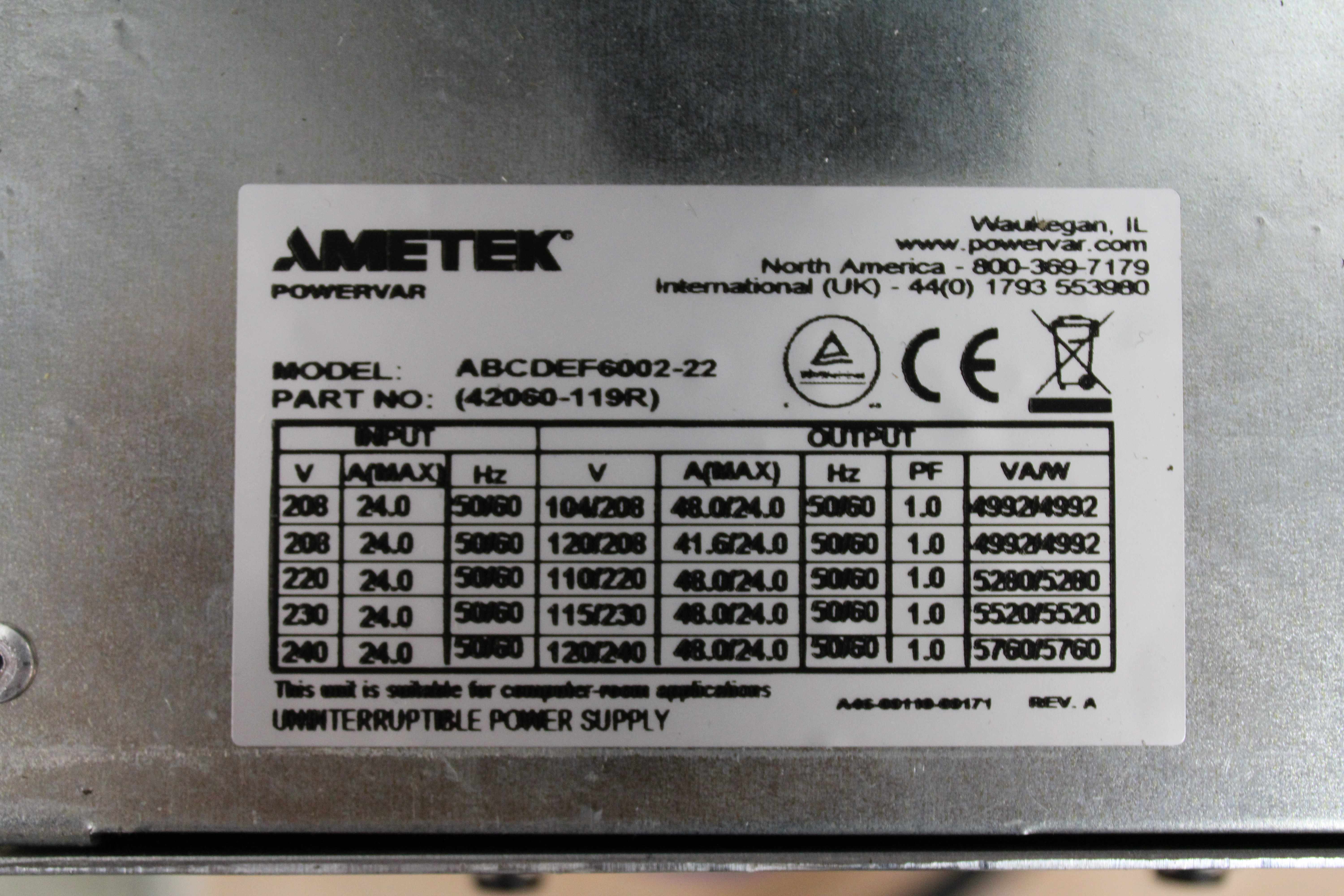 Powervar Security Plus II ABCDEF6002-22 UPS 5400W Power Protection