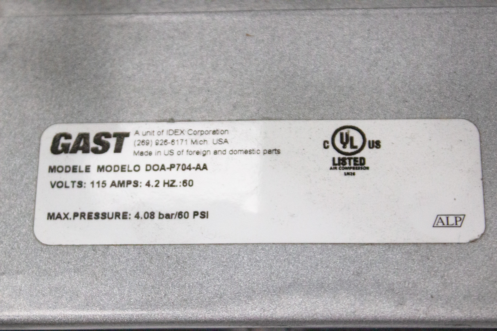 Gast DOA P704 AA Diaphragm Pump Laboratory Vacuum 1/8 HP 1.1CFM 60psi 25.5Hg