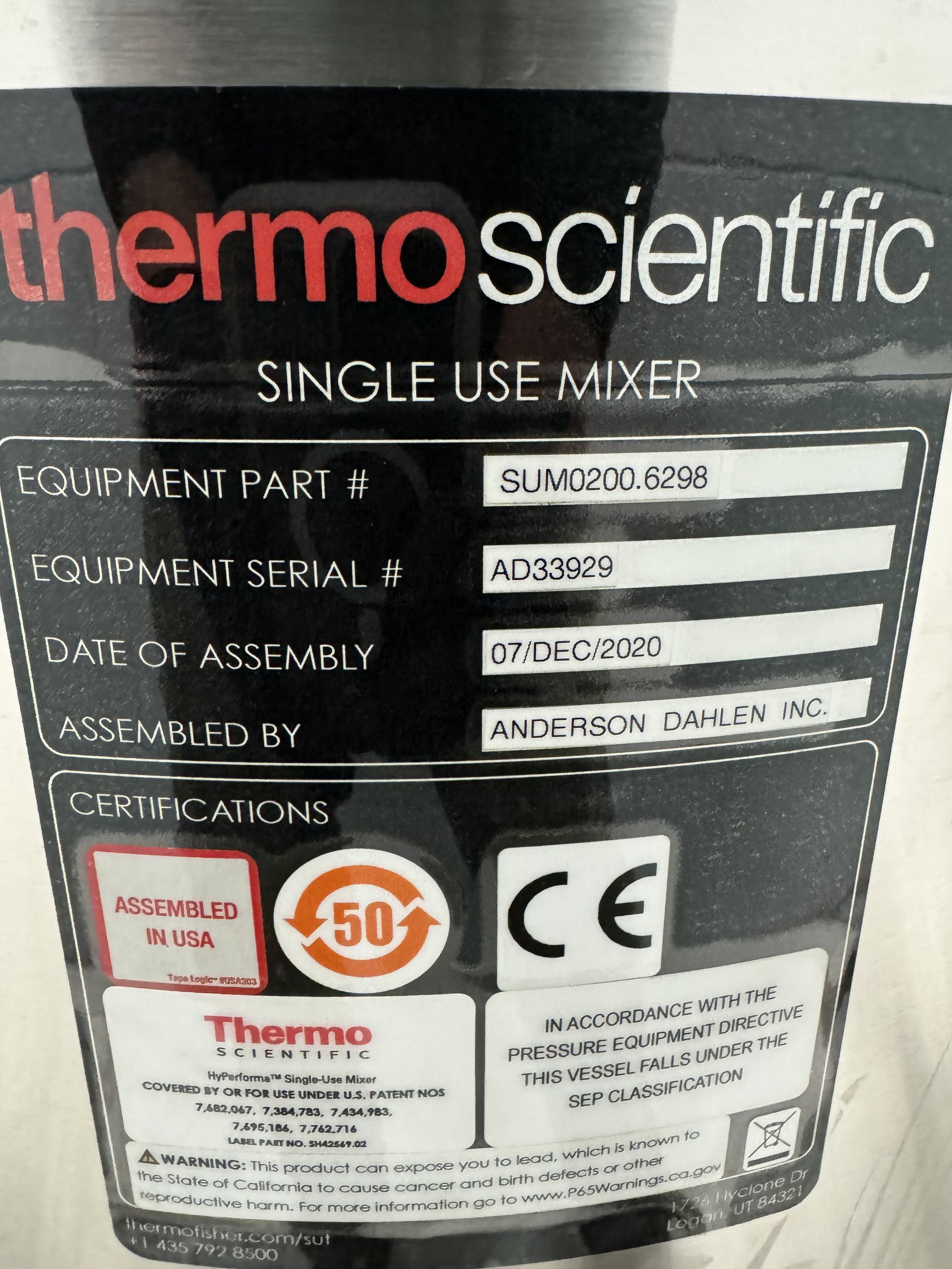 Thermo SUM0200.6298 Bioprocessing Single Use Mixer 200L Jacketed DC Motor