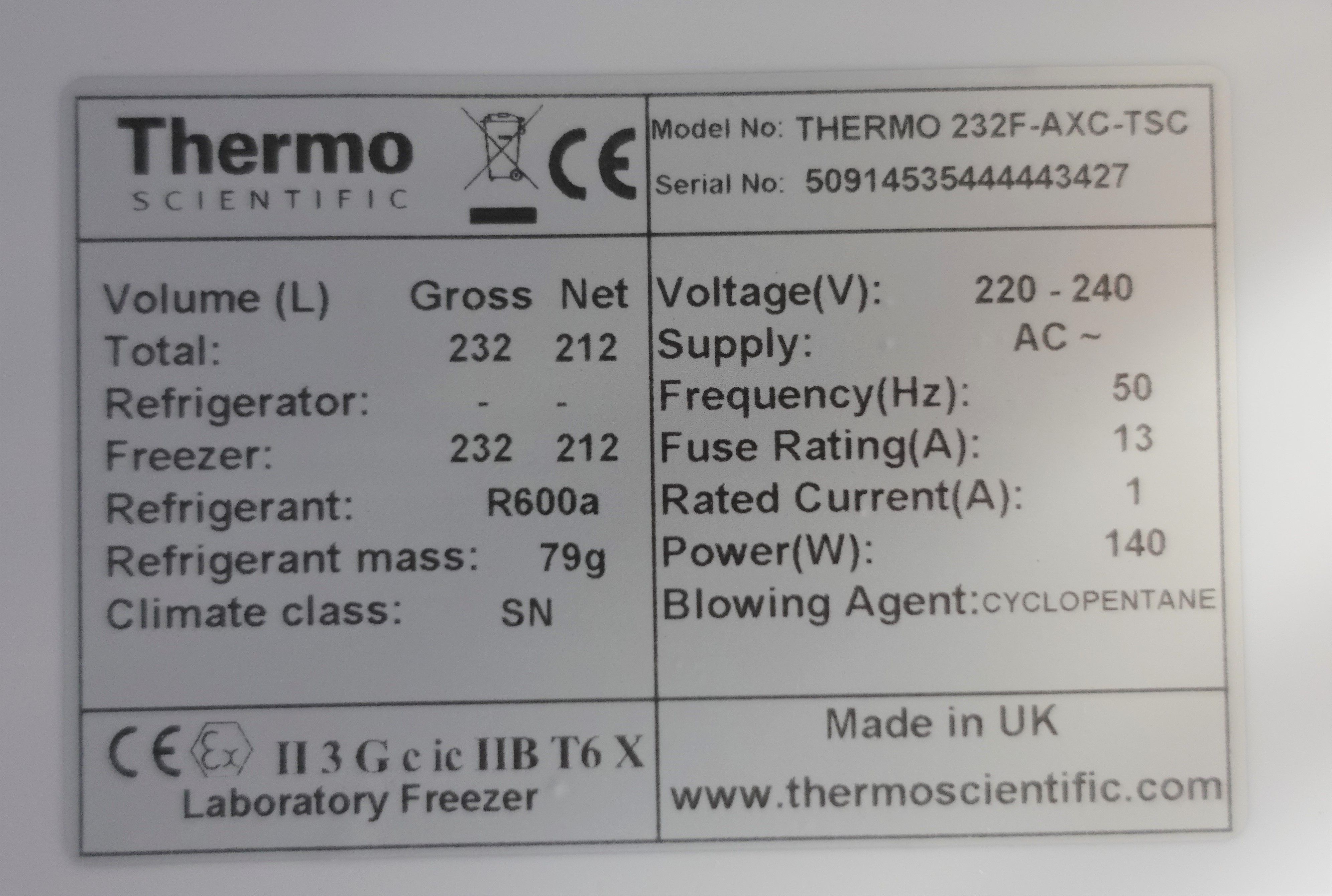 Thermo 232F-AXC-TSC Freezer Flammable Storage Spark-Free Alarms Used Unit
