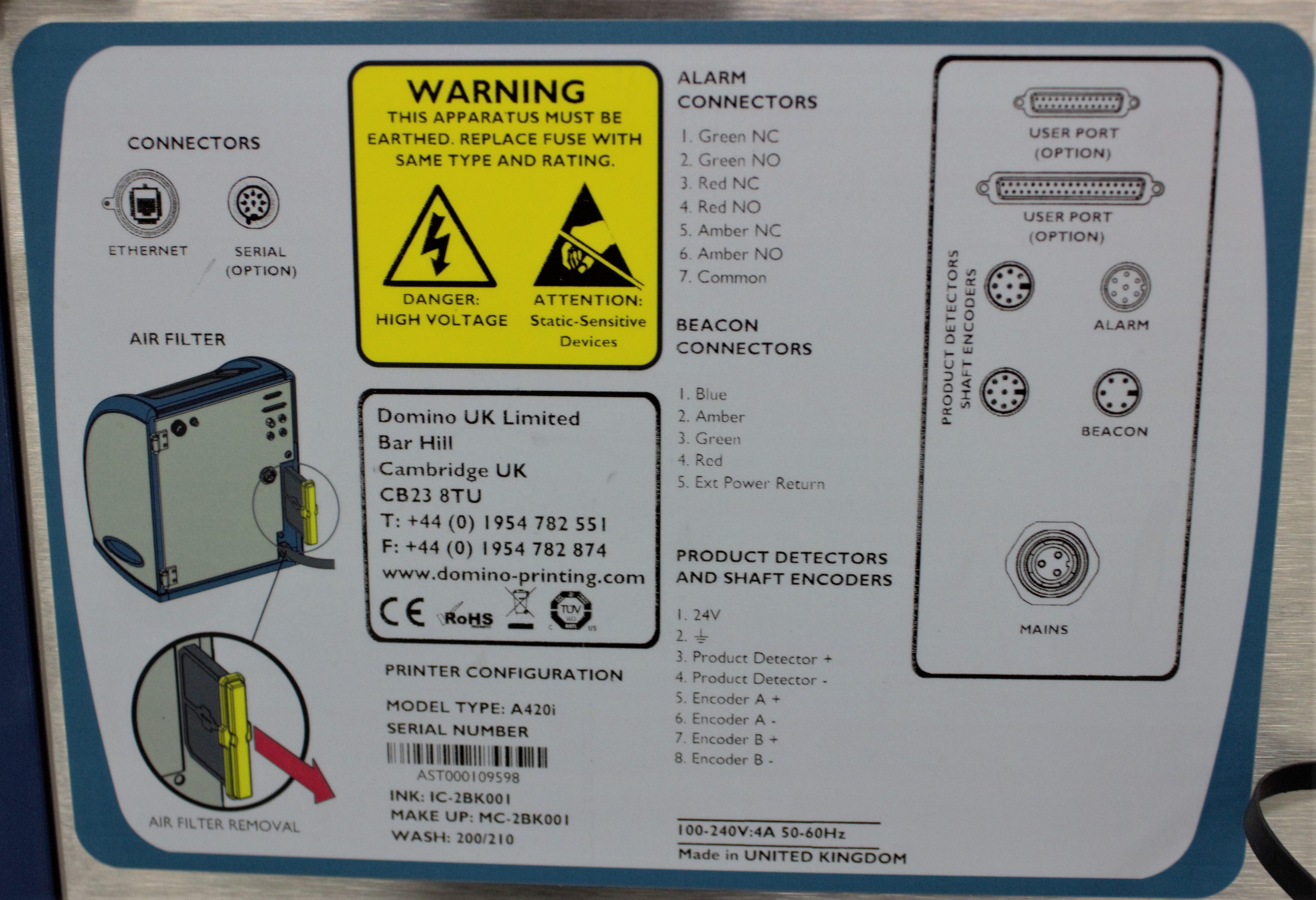 Domino A420i Ink Jet Printer Label Printing 4 Lines 325m/min Used