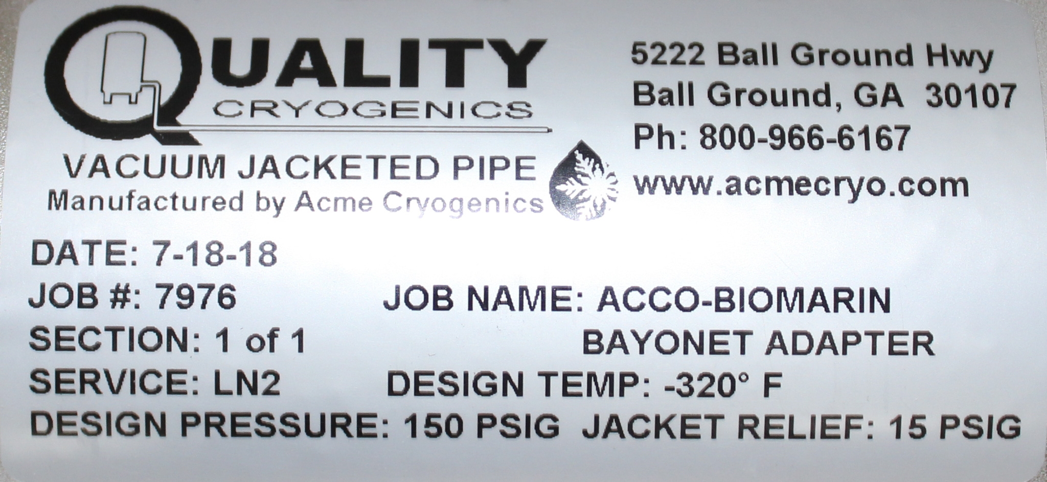 Quality Cryogenics Bayonet Adapter for Vacuum Jacketed Pipe Systems (TK)