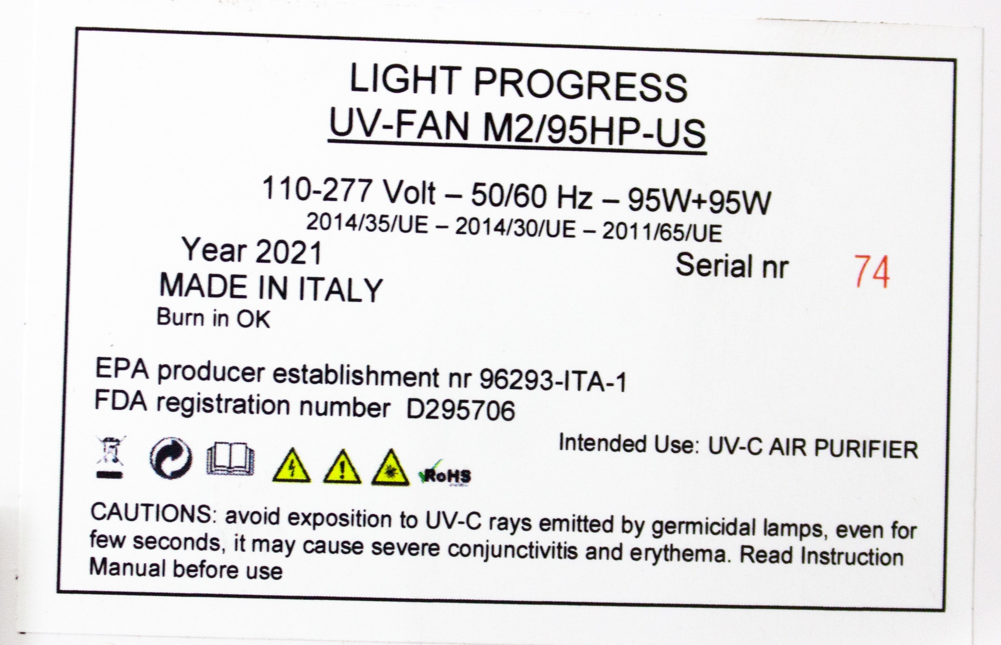 Light Progress UV-FAN M295HPUS Air Purifier Wall Mount UV-C 450sqft, 120V 95W