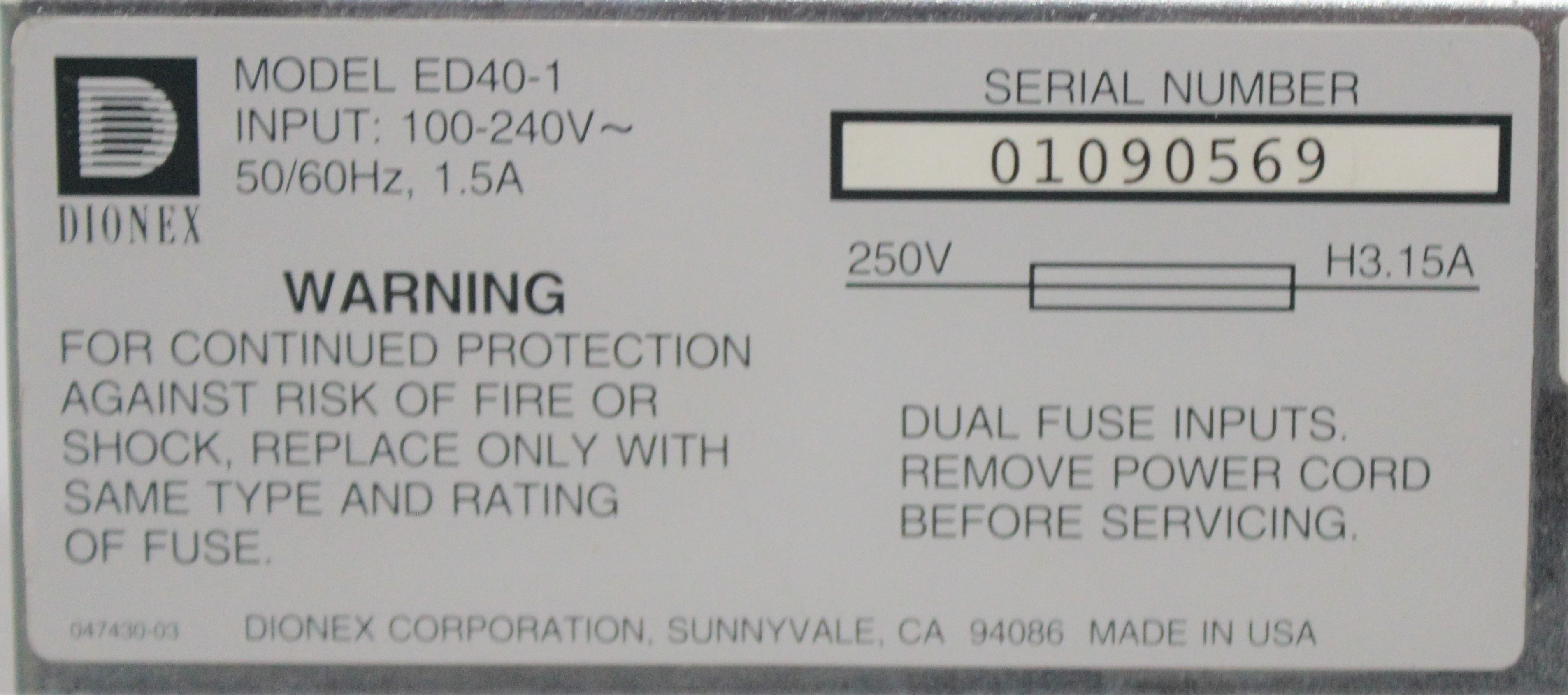 Dionex ED40-1 Electrochemical Detector Analytical Laboratory Use
