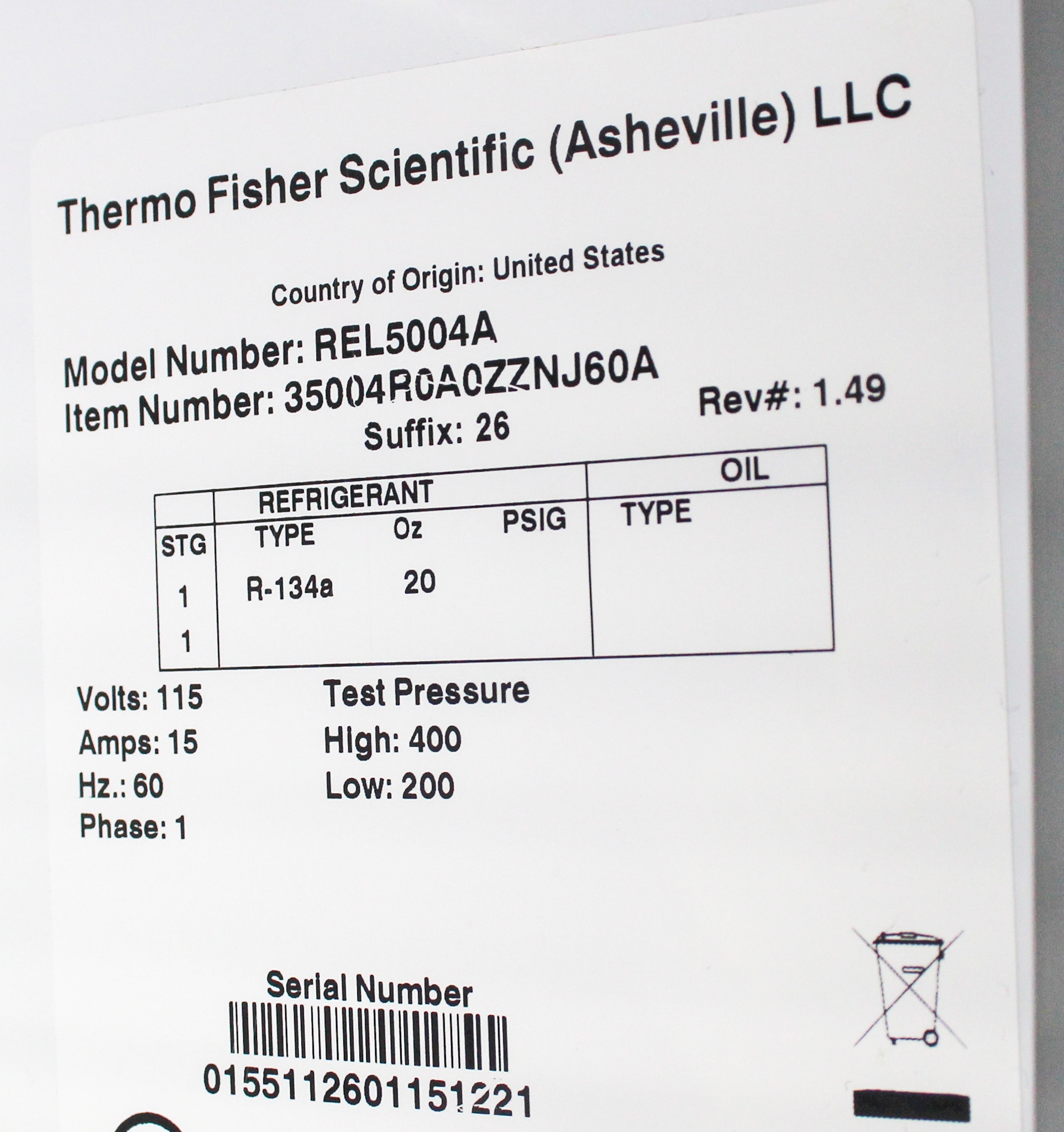 Thermo REL5004A Lab Refrigerator Dual Door 51.1CF Air Circulation, Locking